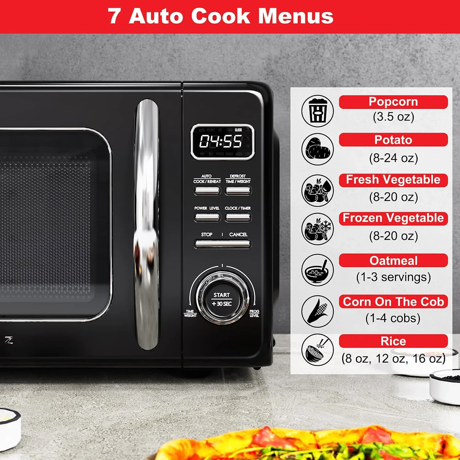 Galanz Retro Countertop Microwave Oven with Auto Cook & Reheat, Defrost, Quick Start Functions, Easy Clean with Glass Turntable, Pull Handle, .9 cu ft, Black