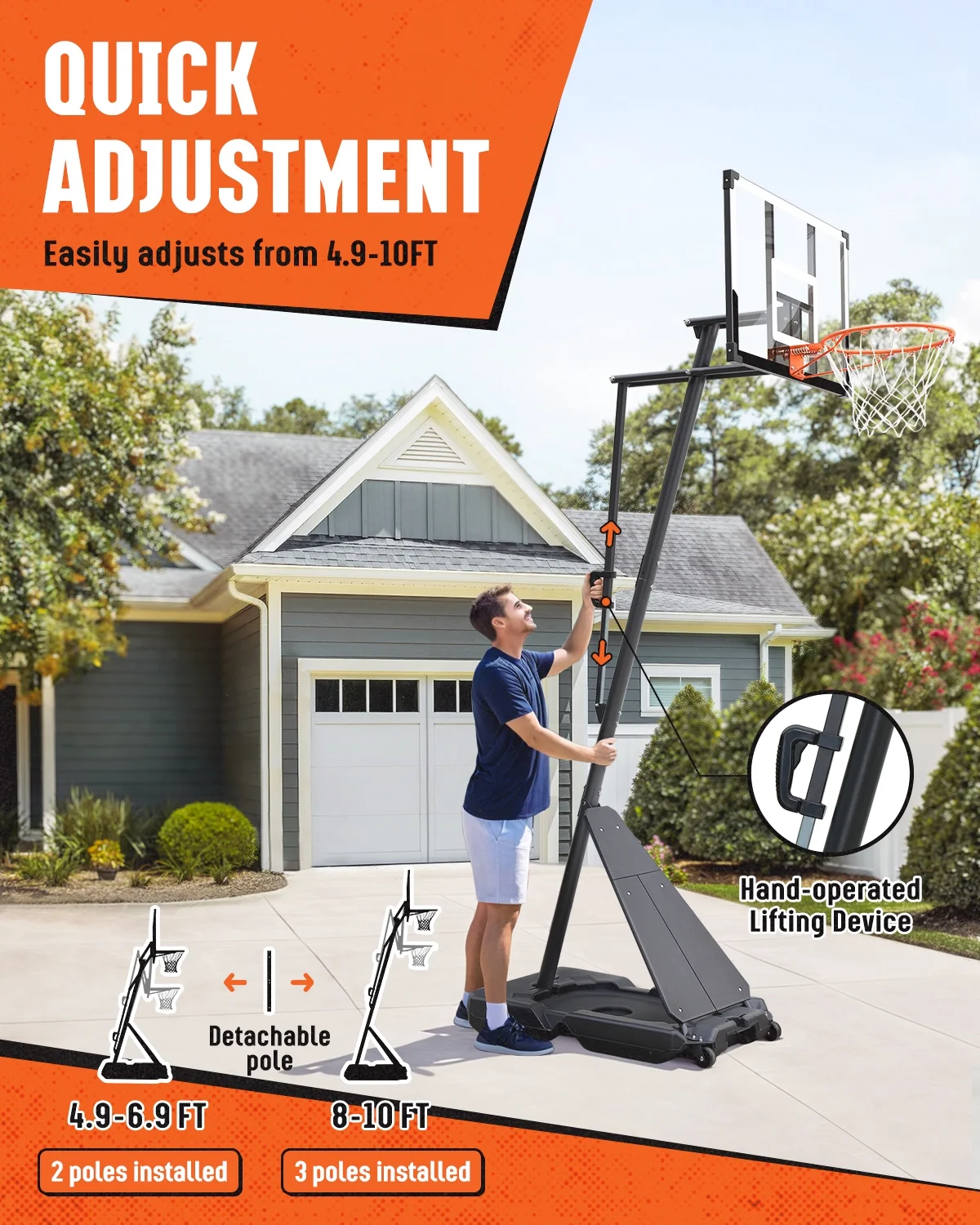 Seray Basketball Hoop with 4.8-10 feet Height Adjustable for Kids/Adults, Portable Basketball Goal with 44 inch Backboard and 2 Wheels for Outdoor/Indoor Sports - Image 2