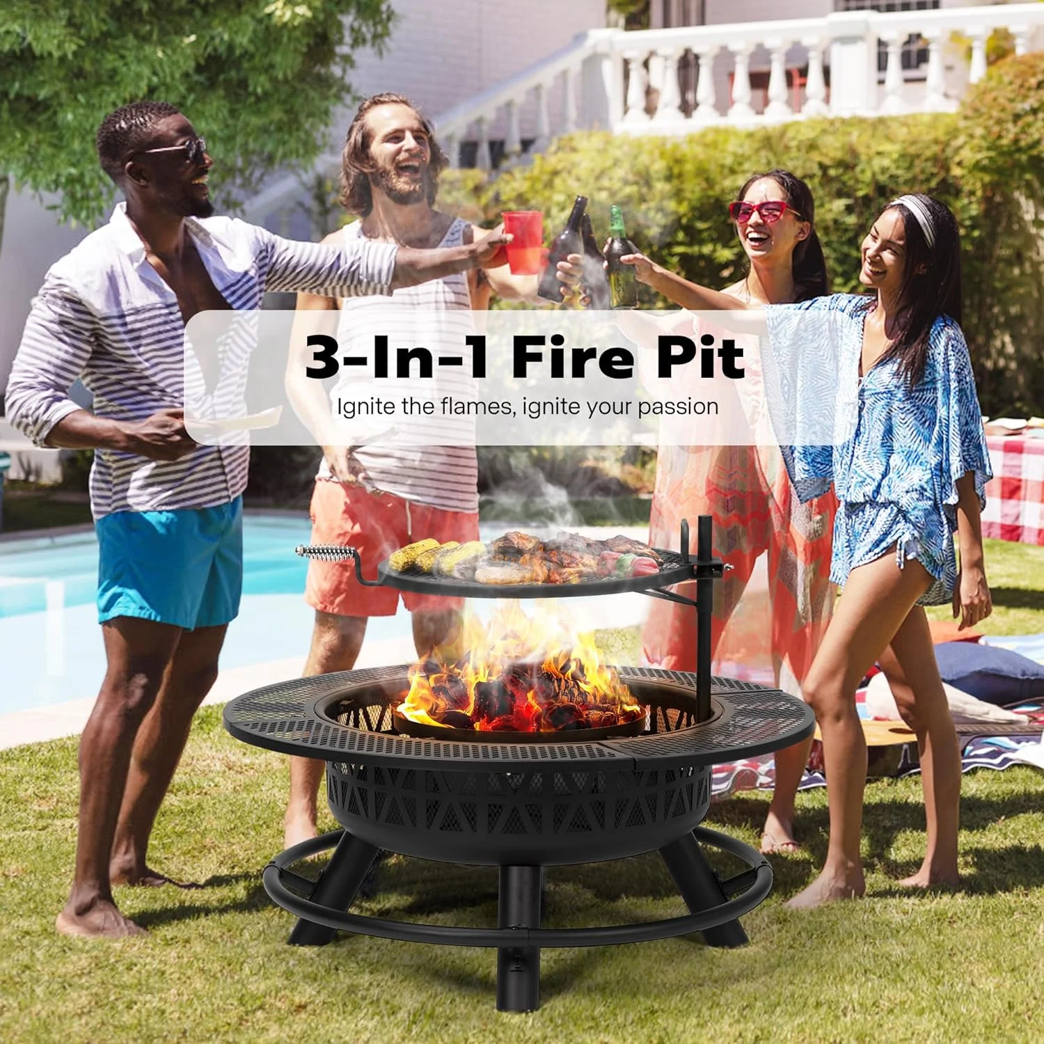 SPECSTAR 3-in-1 Fire Pit-35 in Wood Burning Firepits with Cooking Grill Grate & Charcoal Pan & Cover Lid, Metal Table for Backyard Bonfire BBQ Outdoor Camping Picnic - Image 8