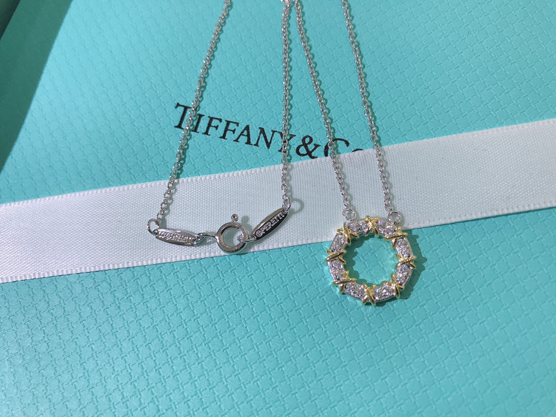 Tiffany Mixed Metal Color Cross Round Pendant Necklace - Original Replica Club