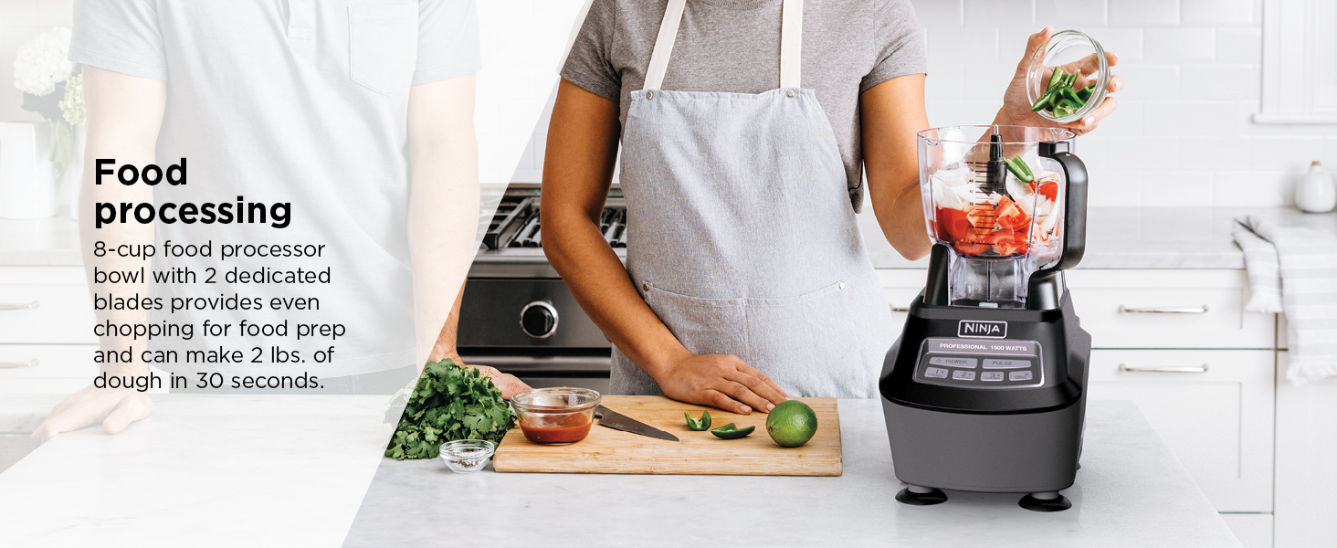 8-cup food processor bowl with 2 dedicated blades provides even chopping for food prep dough
