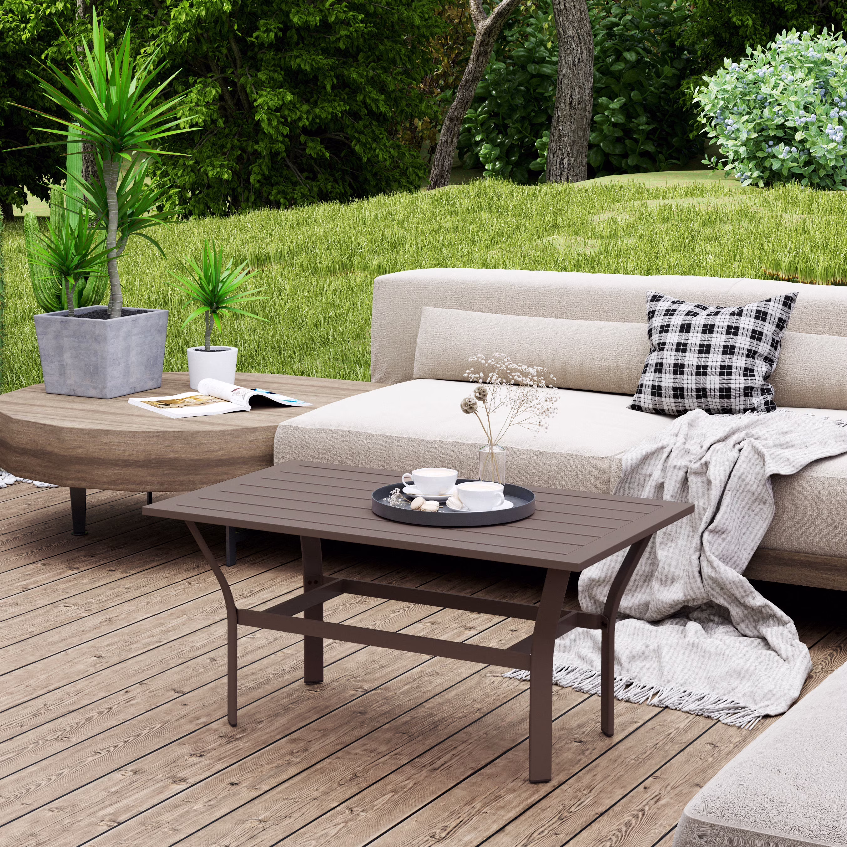 Outsunny Outdoor Coffee Table, All - Weather Rectangle Patio Coffee Table with Slatted Tabletop for Outside, Patio, Brown(Black)