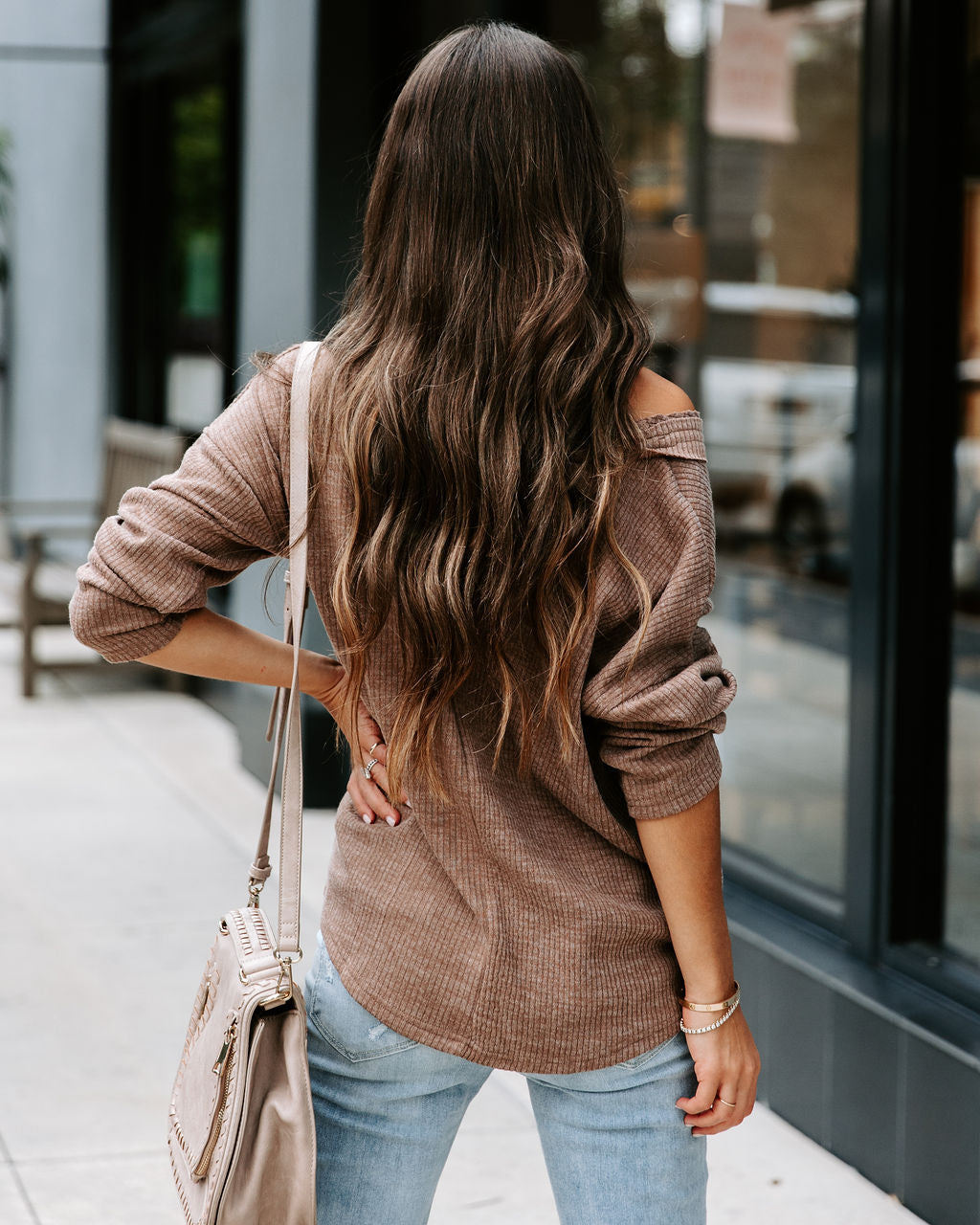 Touch Of Fall Oversized Ribbed Long Sleeve Top - Cocoa - Se7enfashion