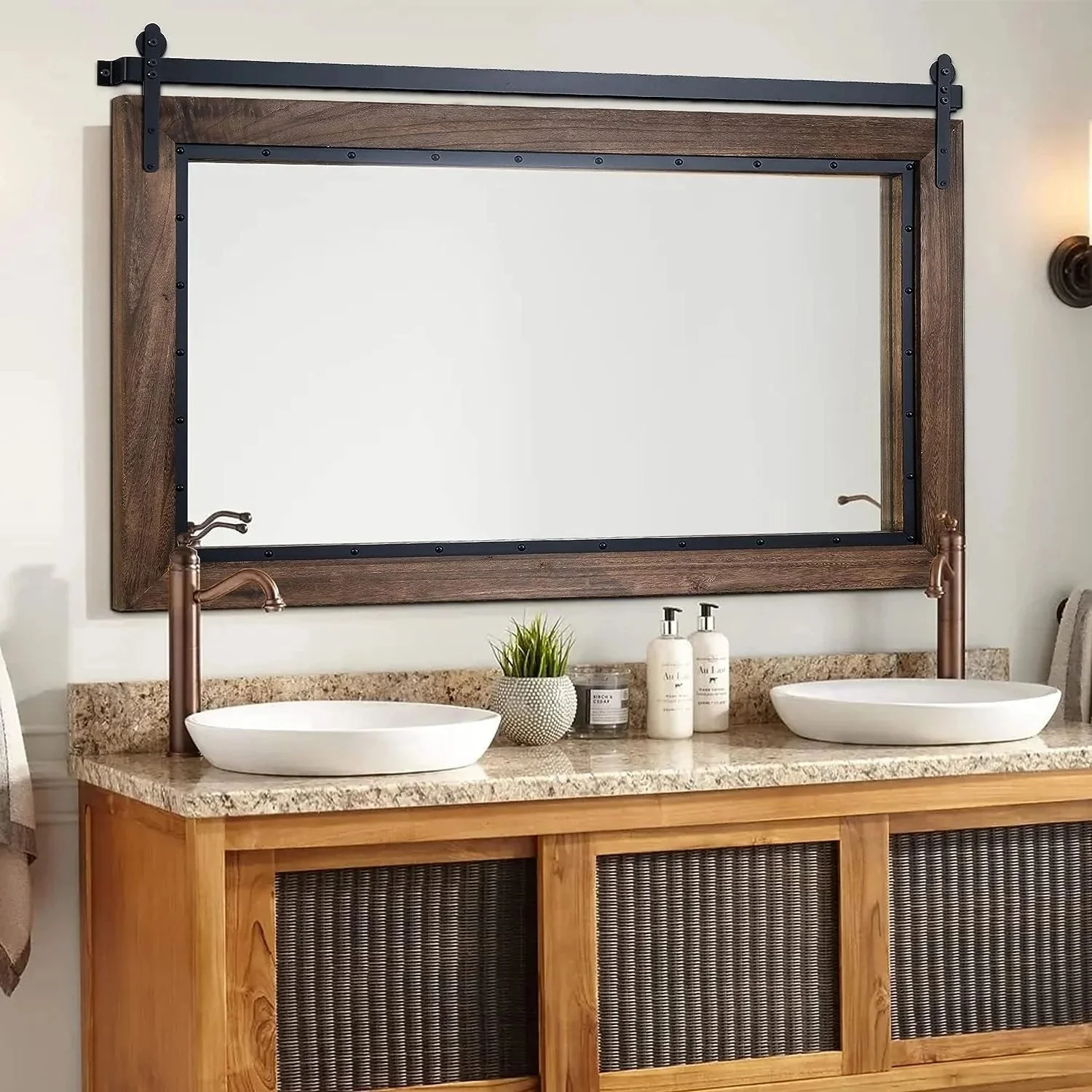 COSMOGO Farmhouse Barn Door Style Natural Wood Bathroom Vanity Wall Mirror 24 x 32 in - Image 7 COSMOGO Farmhouse Barn Door Style Natural Wood Bathroom Vanity Wall Mirror 24 x 32 in - Image 7