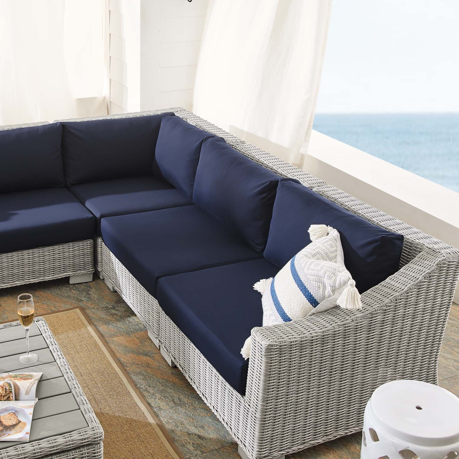 Lounge Sectional Sofa Chair Table Set, Rattan, Wicker, Light Grey Gray Blue Navy, Modern Contemporary Urban Design, Outdoor Patio Balcony Cafe Bistro Garden Furniture Hotel Hospitality - Image 9