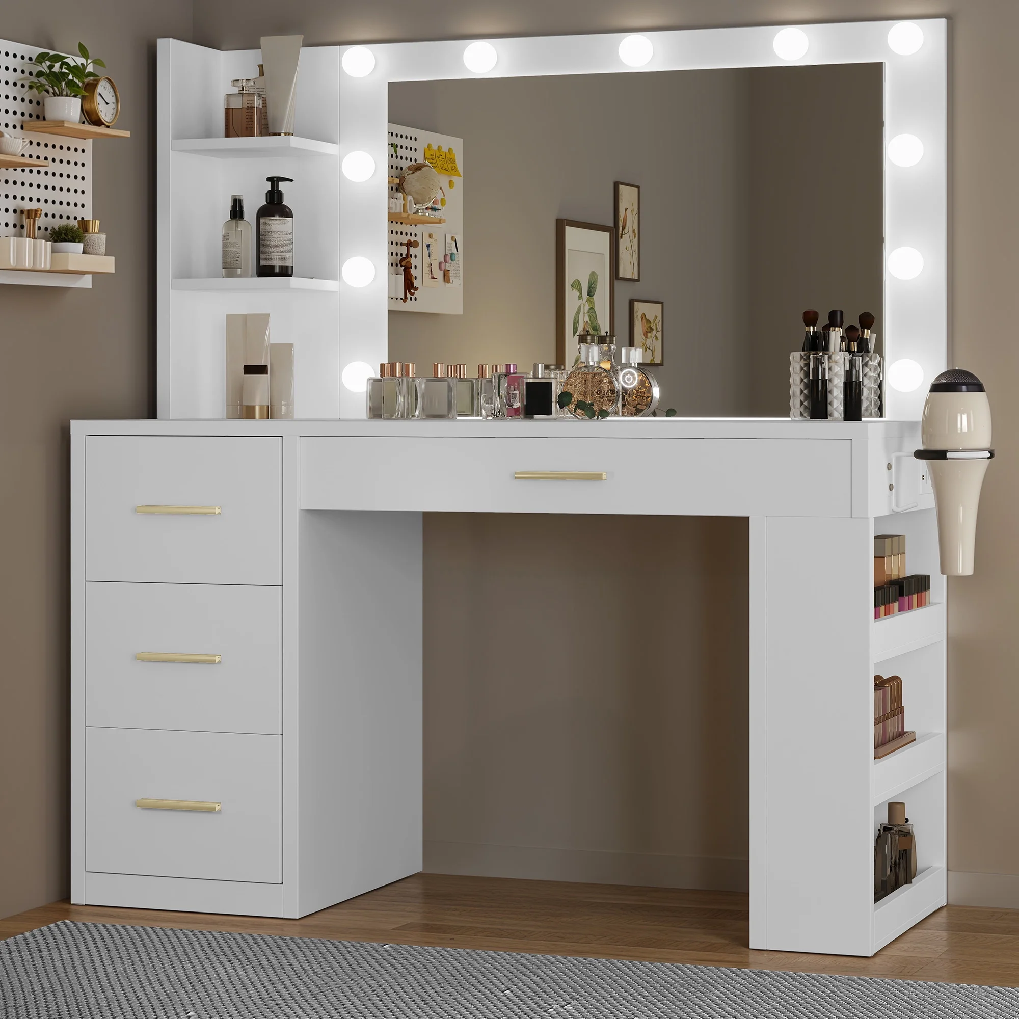 Uforic Makeup Vanity Desk with Mirror & Lights, Vanity Desk with 4 Drawers & Storage Shelves - White - Image 2