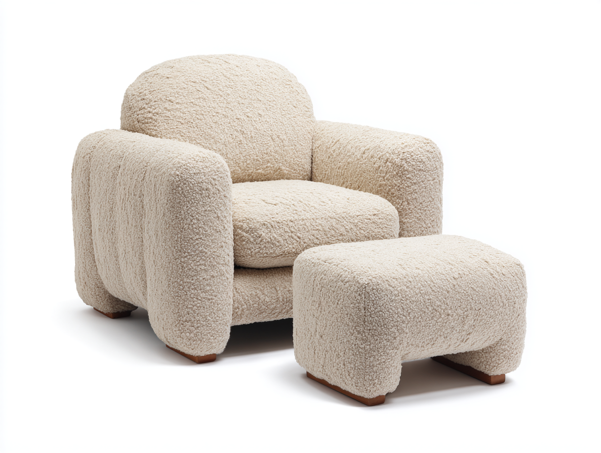 Sillón individual con reposapiés tapizado en felpa beige – diseño moderno y acogedor