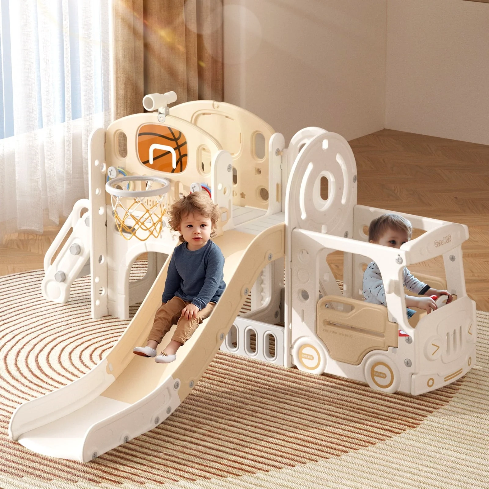 XJD 10 in 1 Toddler Slide, Kids Slide for Toddlers Age 1-3, Toddler Play Climber Slide Playset with Basketball Hoop and Ball, Toddlers Outdoor Indoor Playground(Beige+Coffee)