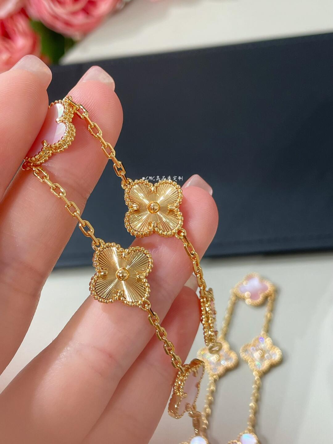 VCA Pink MOP and Gold Guilloche Vintage Alhambra Bracelet 5 Motifs - Original Replica Club