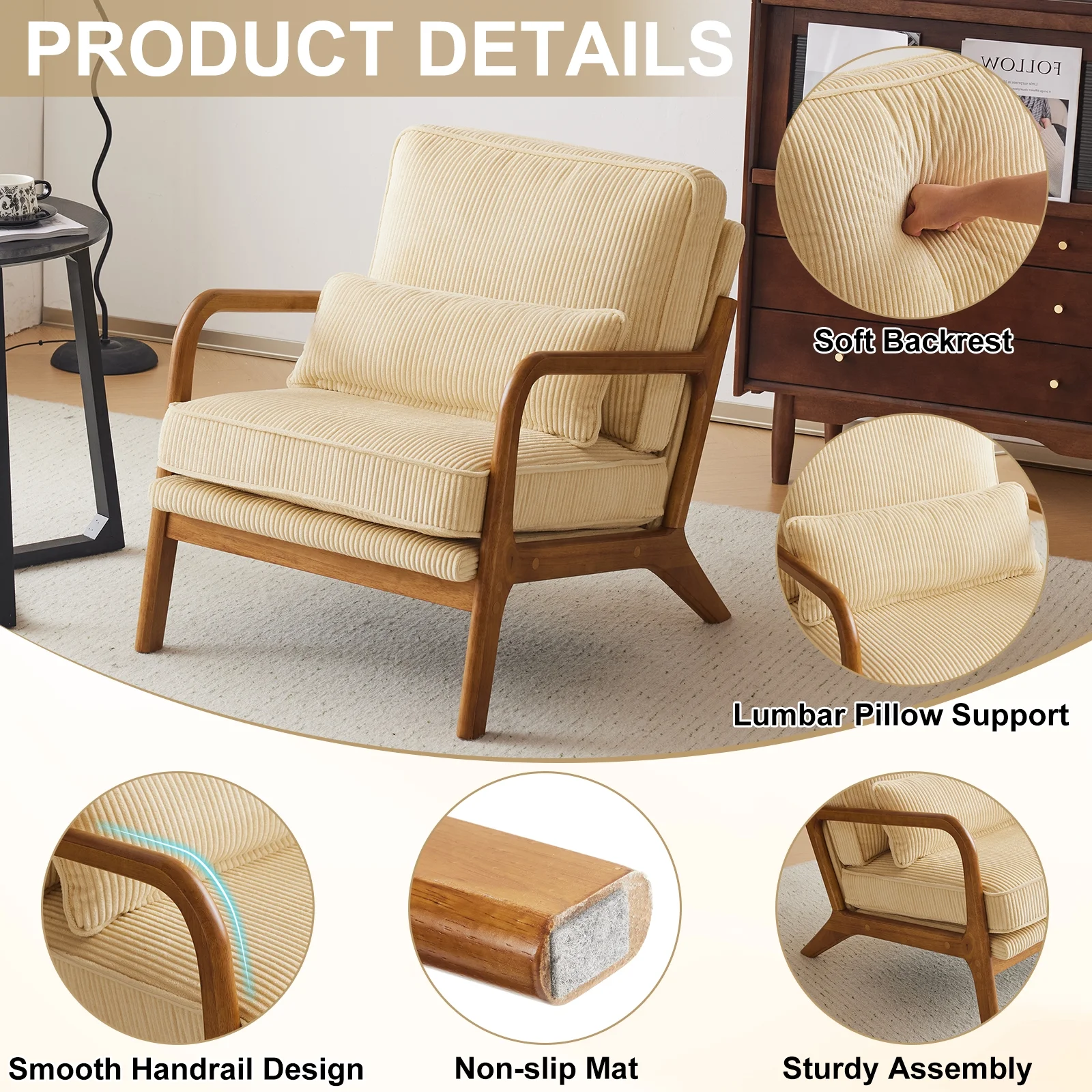 Ktaxon Accent Chair Corduroy Upholstered Armchair, Reading Club Chair with Pillow and Solid Wood Frame for Living Room Bedroom Furniture Off White - Image 63