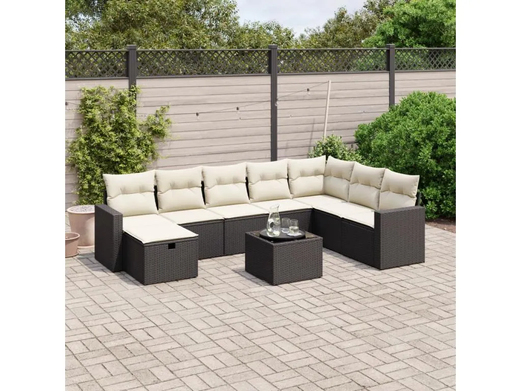 Set de sofás de jardín 8 piezas y cojines ratán sintético negro 55604AFNA