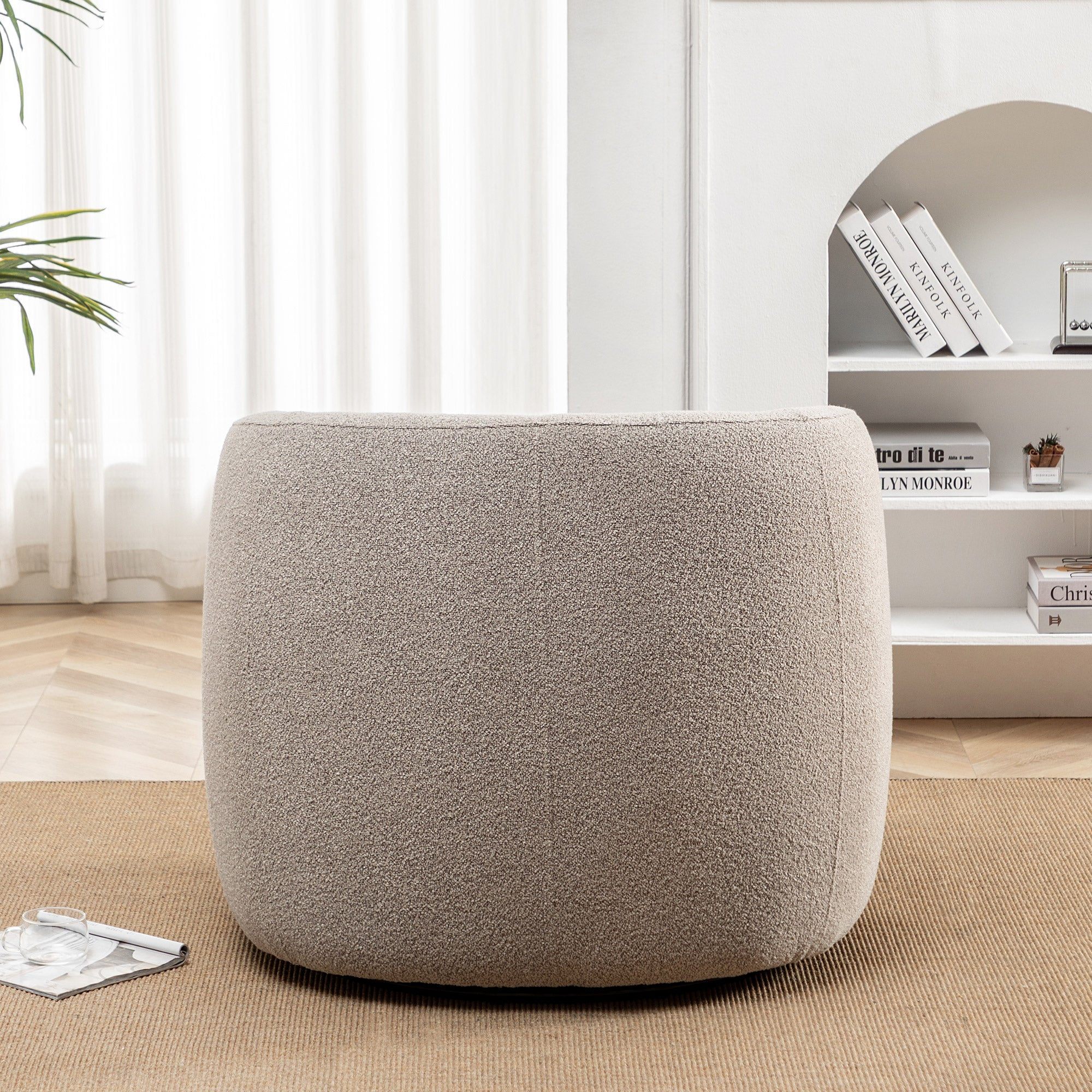 34" Wide Boucle Swivel Barrel Chair, No Assembly Round Upholstered Armchair Accent Chair Single Sofa Chair with Toss Pillow for Living Room and Bedroom, Taupe - Image 11