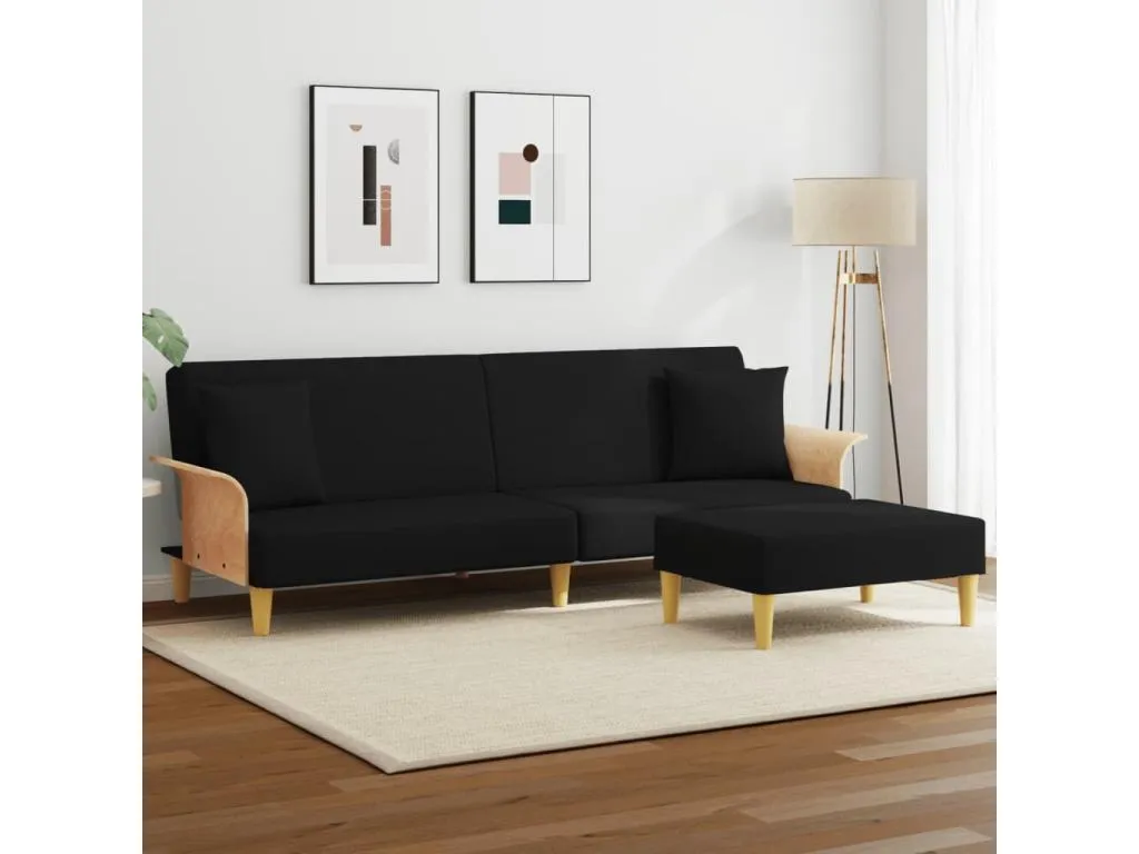 Sofá cama de 2 plazas con almohadas y taburete terciopelo negro