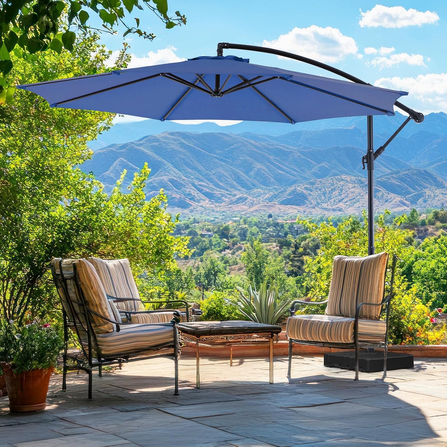 9.8FT Offset Patio Umbrella Hanging Cantilever Umbrella Outdoor Sun Shade with Easy Tilt Adjustment, 8 Ribs, UV Protection for Backyard, Lawn, Garden and Pool, Blue