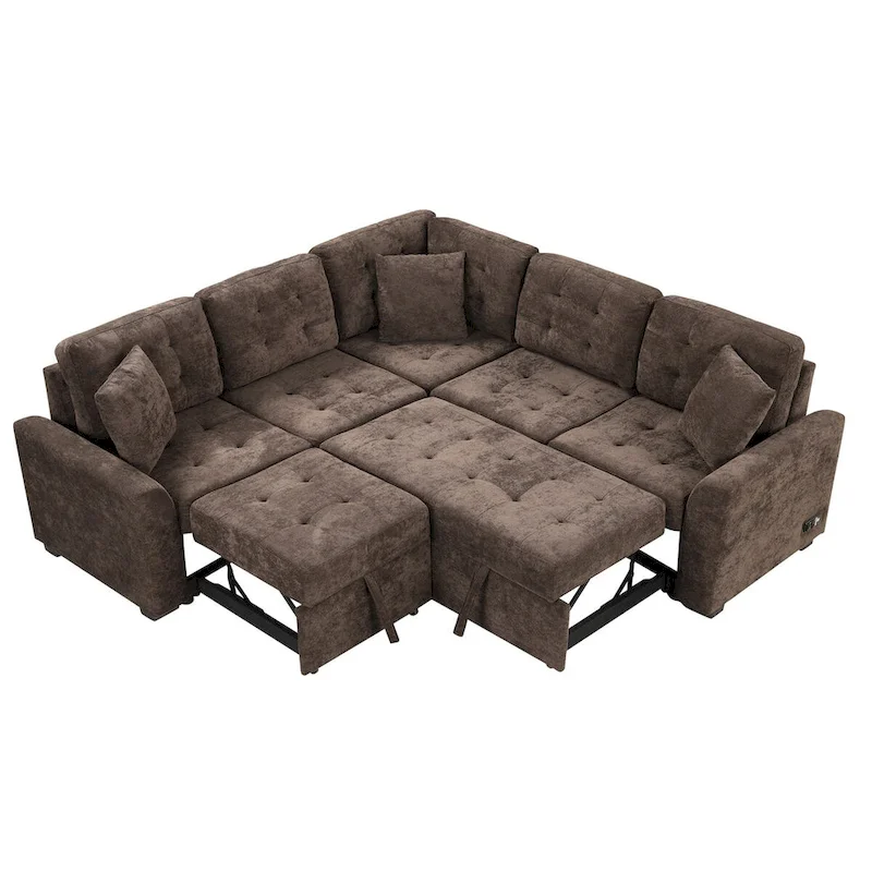 82.6-Inch L-Shaped Sleeper Sofa with Pull-Out Feature, Wheels, USB Ports, and Power Sockets - Dimensions: 82.6W x 82.6D x 33H