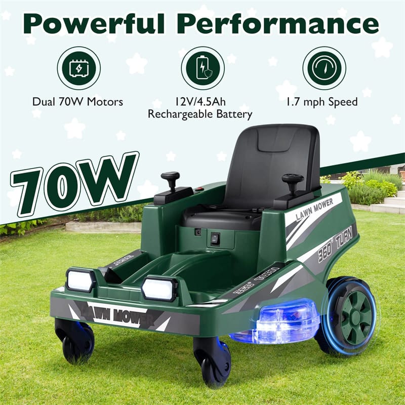 Eletriclife 12V Kids Ride-On Lawn Mower with 360° Twist & Turn, Dual Control Sticks, LED Lights for Toddlers Aged 3-8