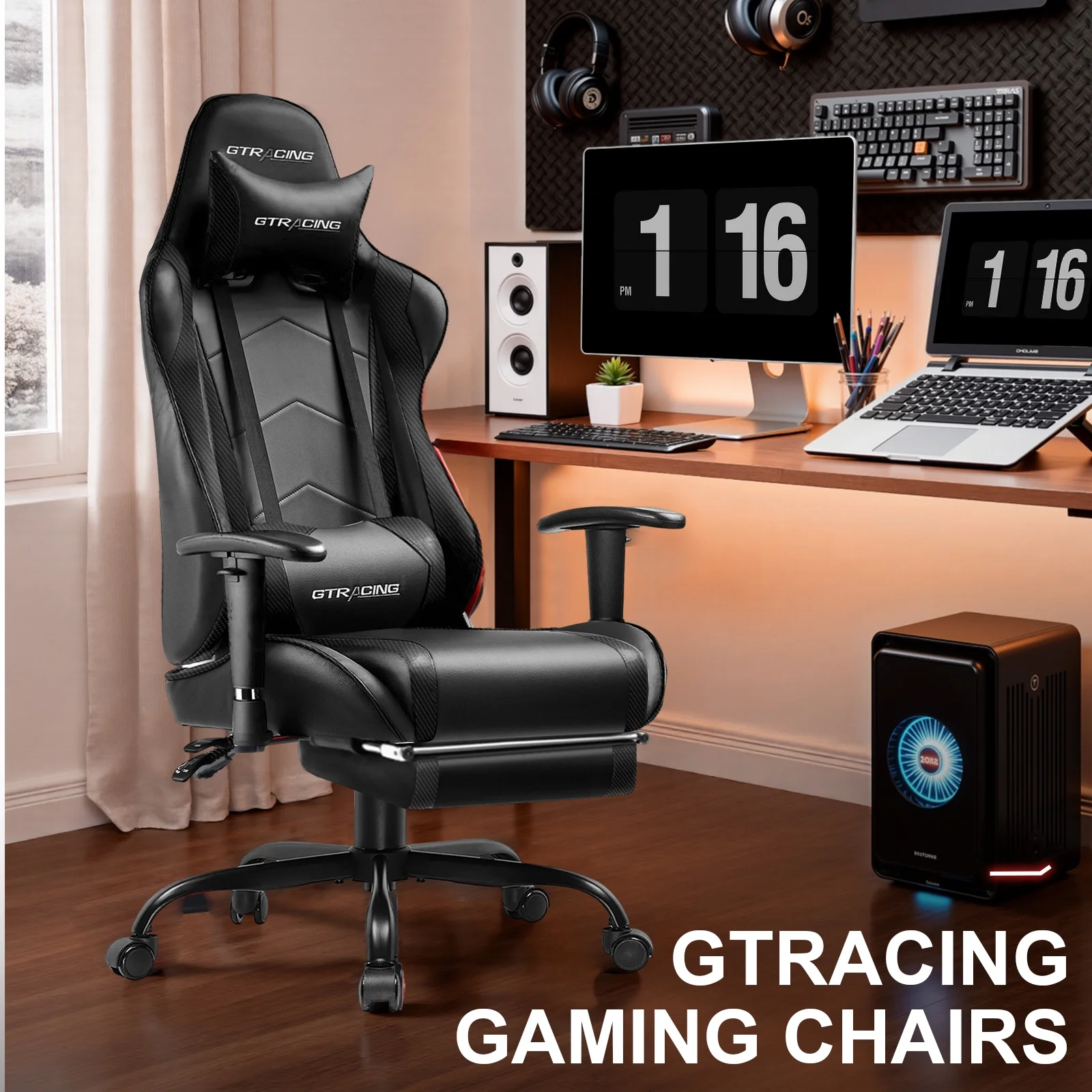GTRACING Gaming Chair, Ergonomic Office Desk Chair with Lumbar Support, PU Leather, Footrest & Adjustable Headrest, Red - Image 52