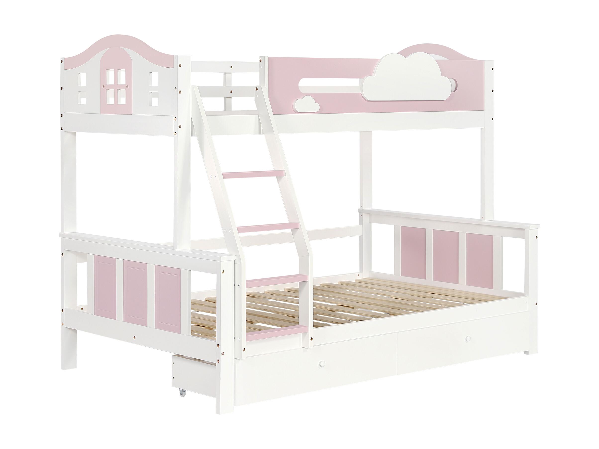 Litera 90x200cm y 120x200cm - con escalera y 2 cajones - en madera de pino y MDF - Blanco y Rosa