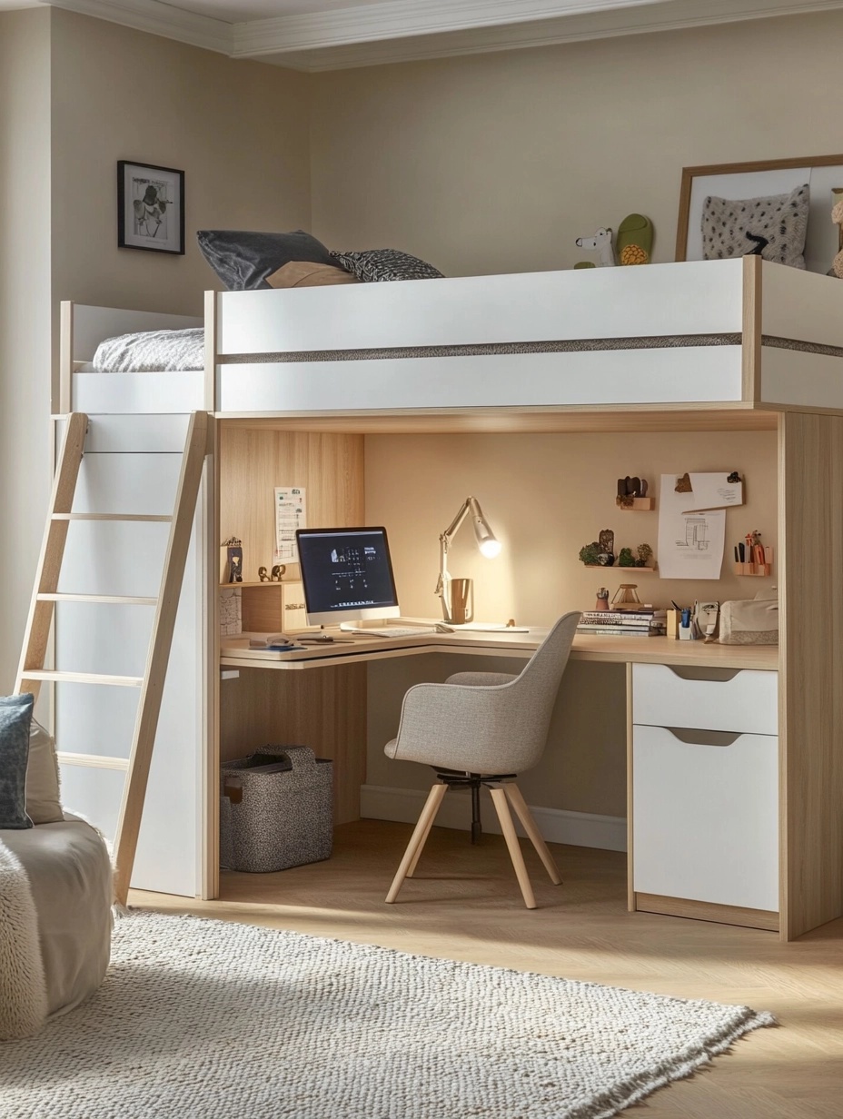 Cama alta niño con escritorio y cajón,color blanco y madera,material melaminizado,dormitorio infantil,235x180x108,5 cm