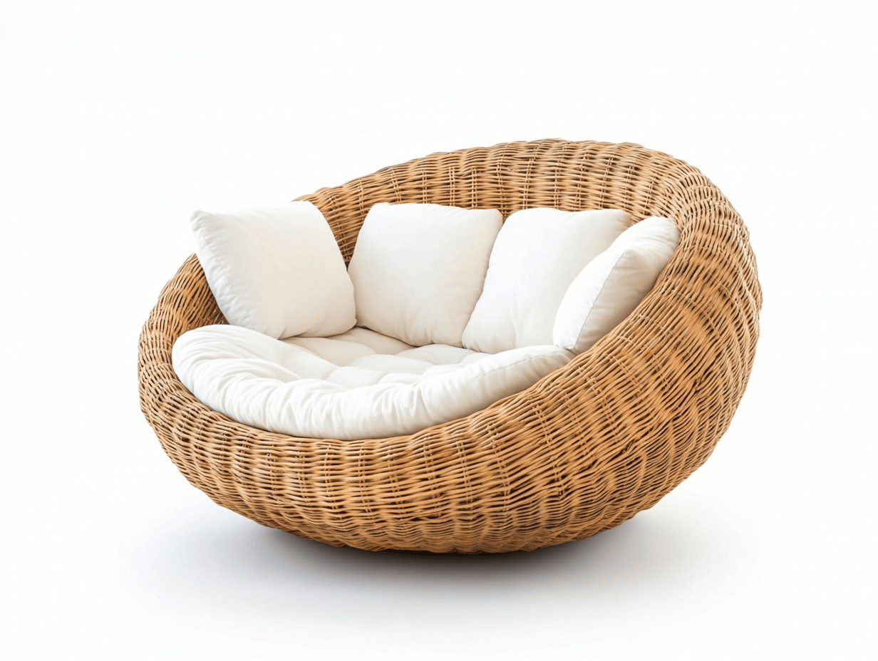 Sillón redondo de exterior – estructura de ratán sintético – cojines blancos gruesos – diseño envolvente y acogedor