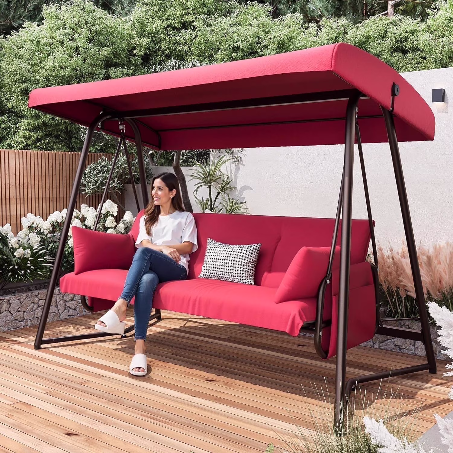 CHINNLUU Oversized 4 Person Porch Swing with Stand 800 LBS Capacity Adjustable Canopy Backrest Includes Cushions Pillows Patio 2 in 1 Swing Bed for Backyard Garden Poolside, Champagne - Image 3