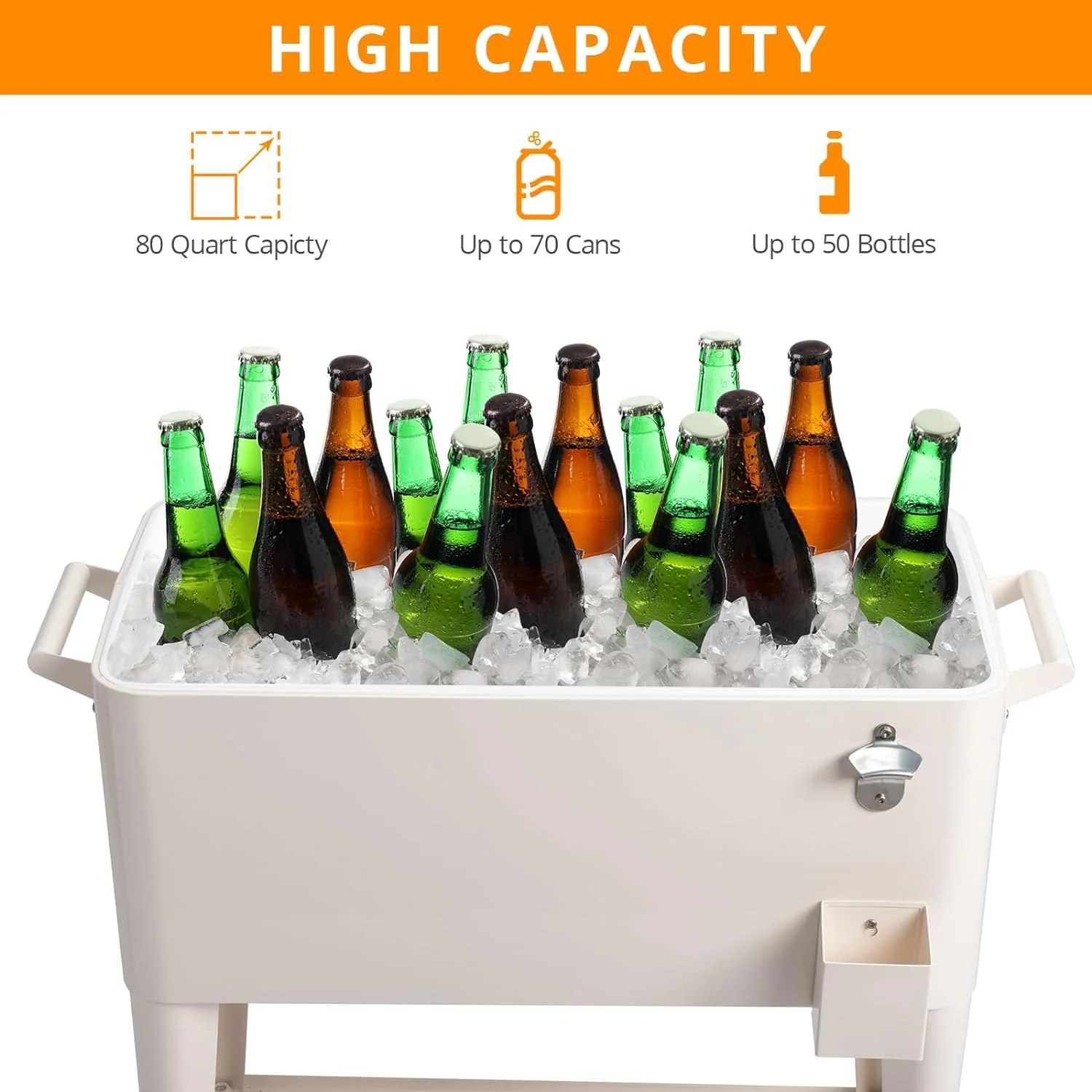 80 Quart Rolling Ice Chest, Portable Bar Drink Cooler with Catch Basin, Bottom Storage Tray and Bottle Opener for Patio Party BBQ Beach Activities - Image 20