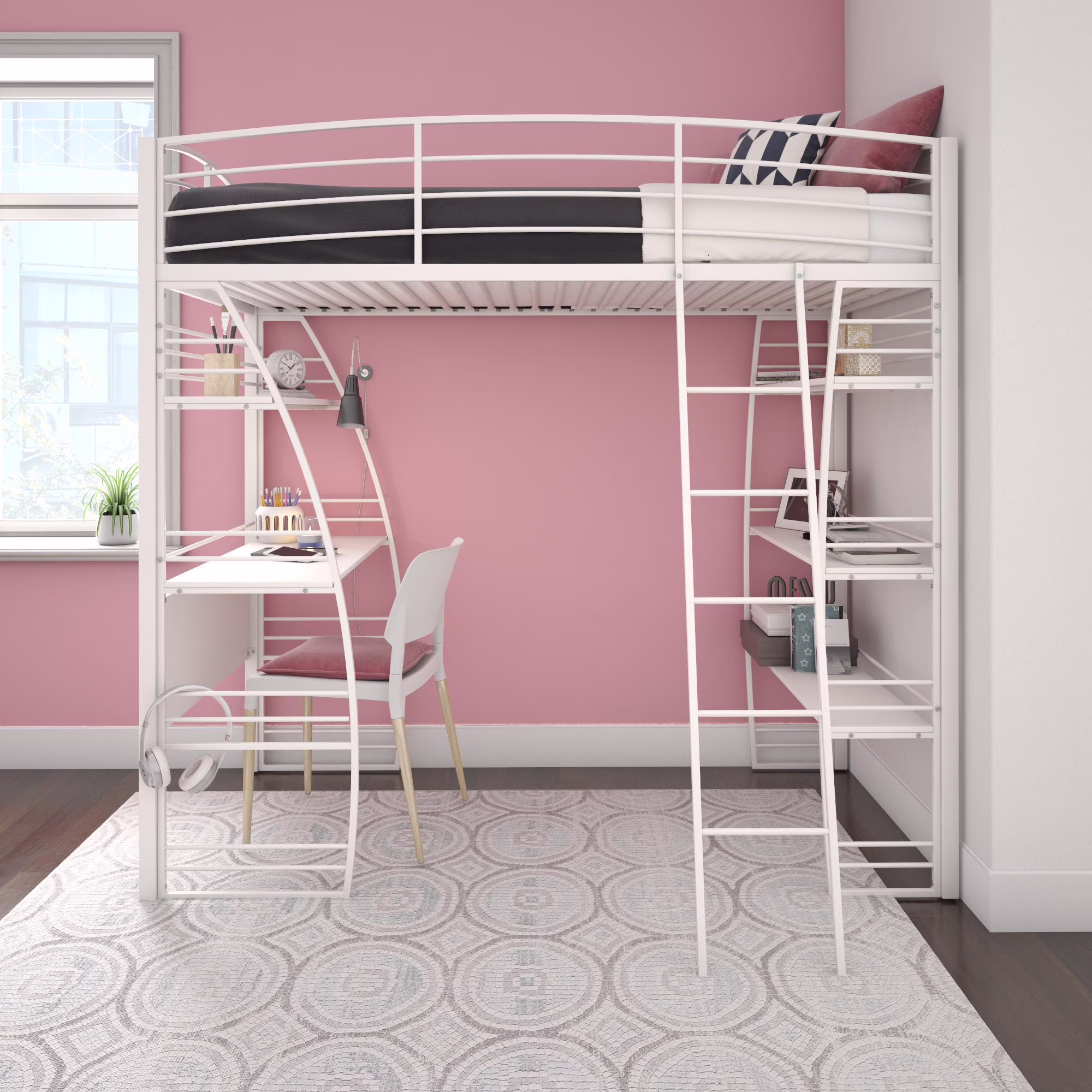 DHP Sage Studio Twin Metal Loft Bed with Integrated Desk and Shelves, Off White(Twin/White)