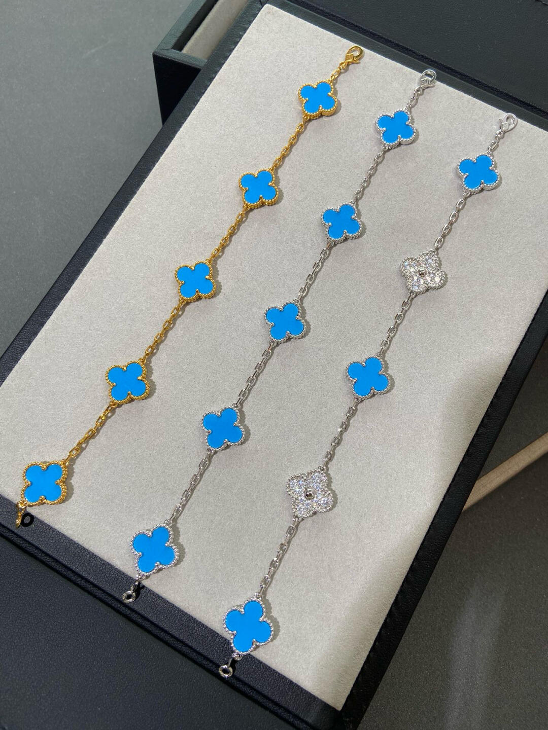 VCA Blue Agate VIntage Alhambra Bracelet, 5 Motifs - Original Replica Club