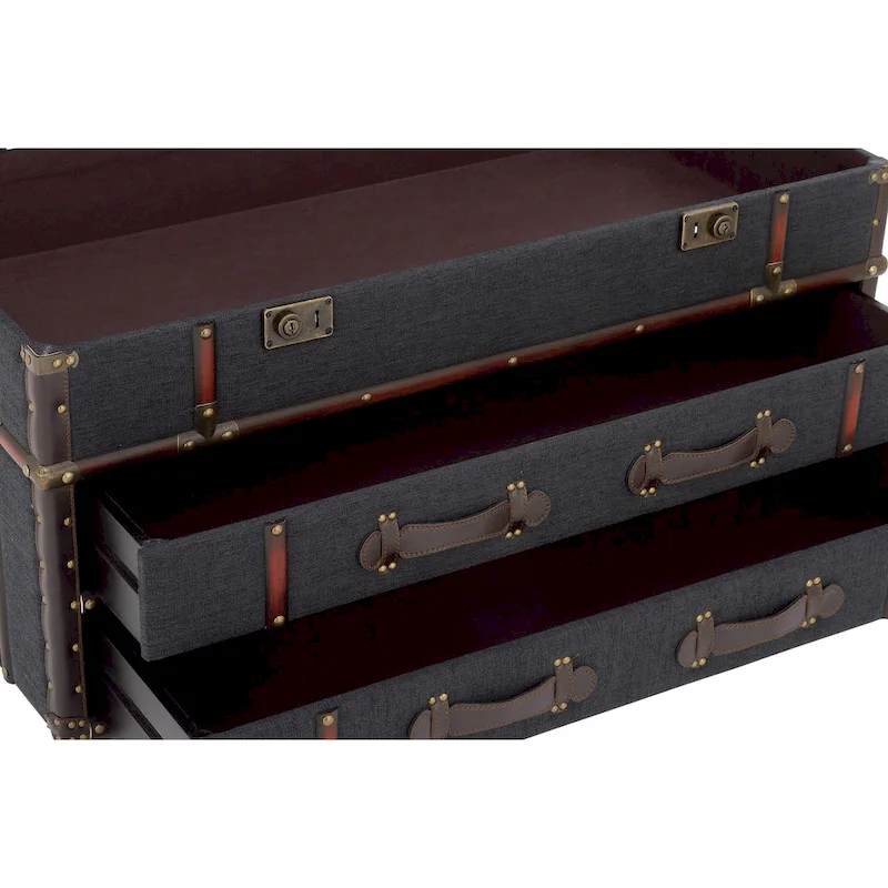 Roche River Decor Faux Leather or Linen Fabric Coffee Table Trunk with 2 Drawers and Buckle Hinged Top - Available in Dark Blue or Brown