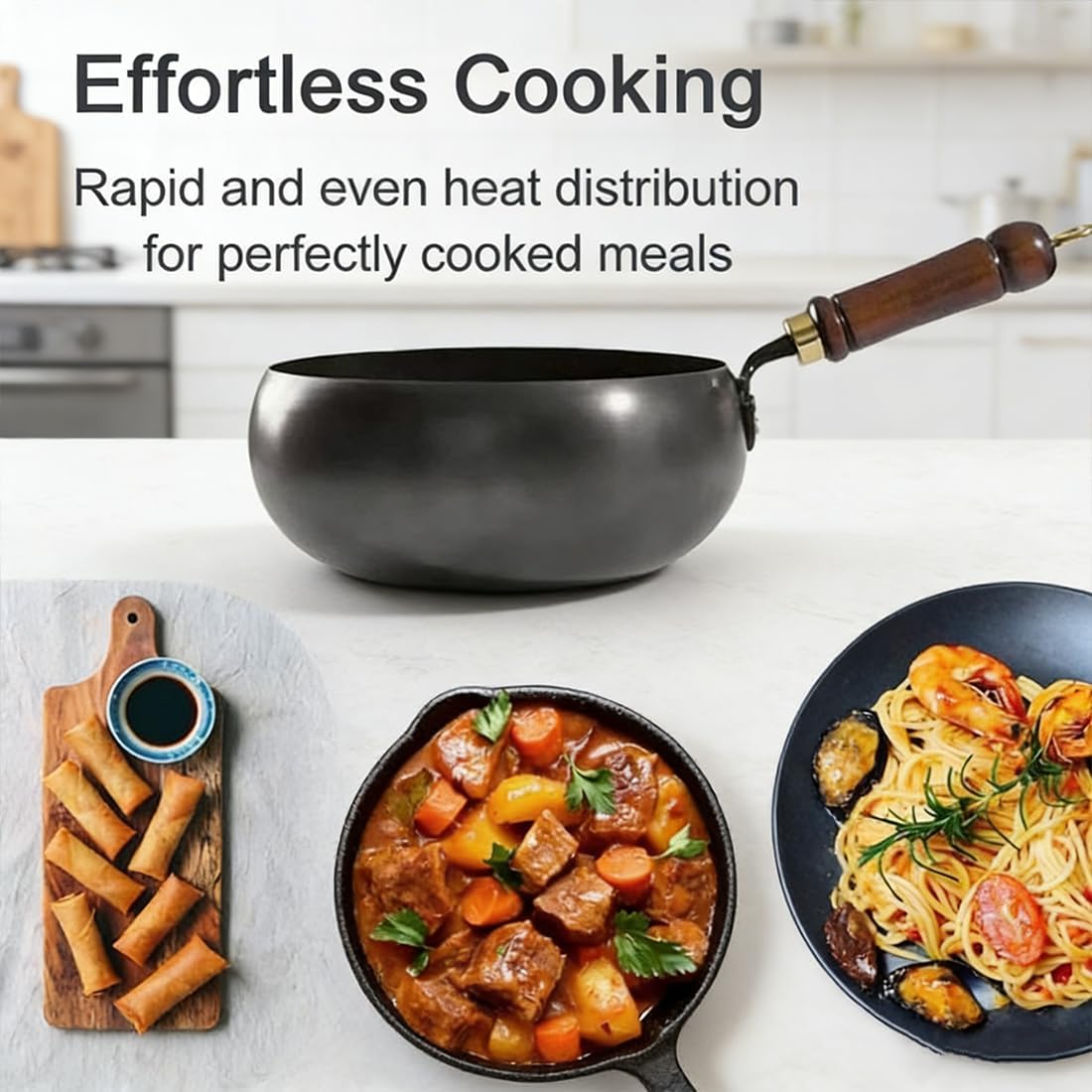 Uncoated Thick Iron Pot, Even Heating Non-Stick Japanese Wok Pan with Lid, Hand-Forged Japanese Cast Iron Wok with Spatula, Cast Iron Pot for Induction, Gas & Electric Cooktops (24cm-Wooden)