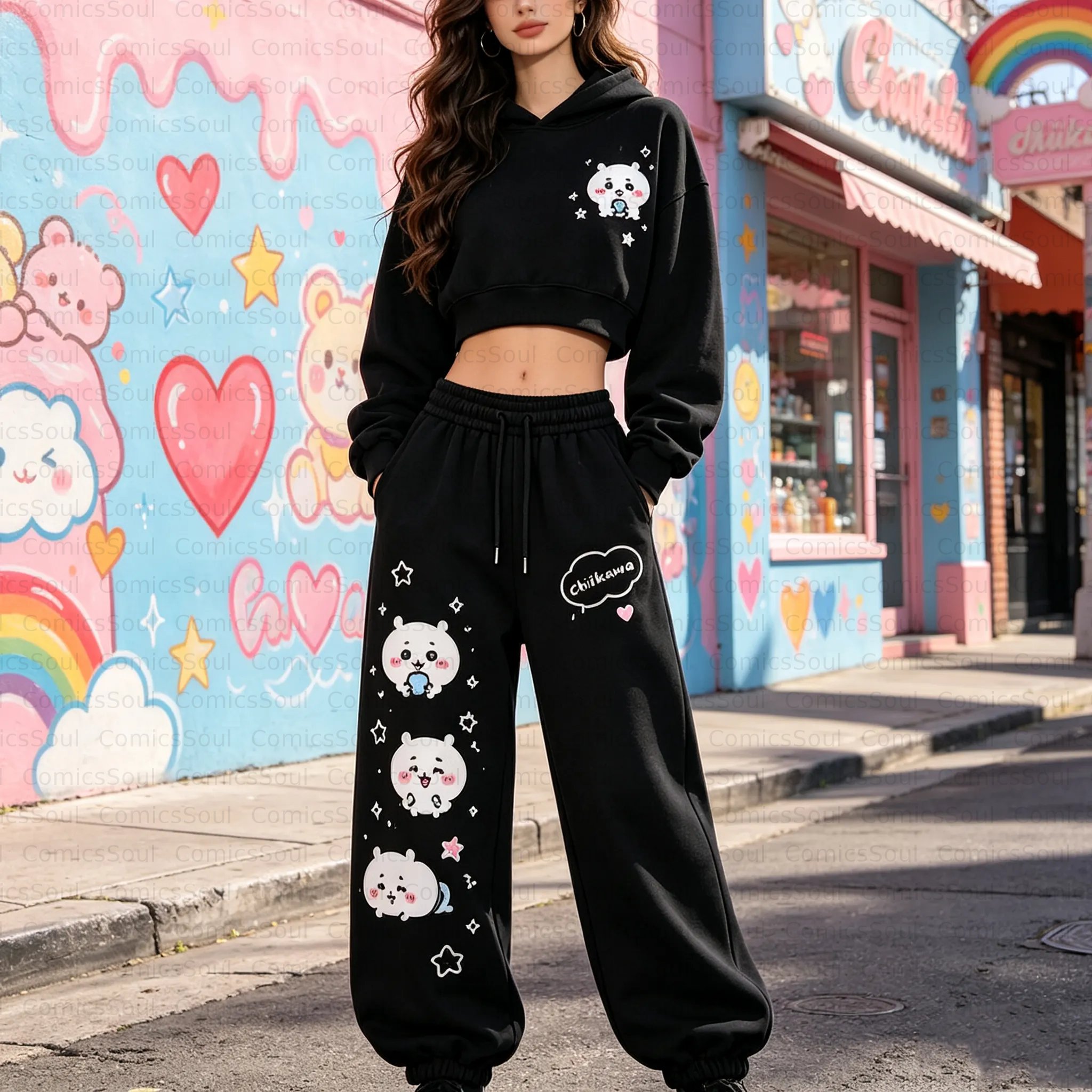 Chiikawa Cropped Long Sleeve Hoodie & High Waist Jogger Pants Two Piece Set 3525995 TeeThreads Sustain the Scene with Custom Apparel