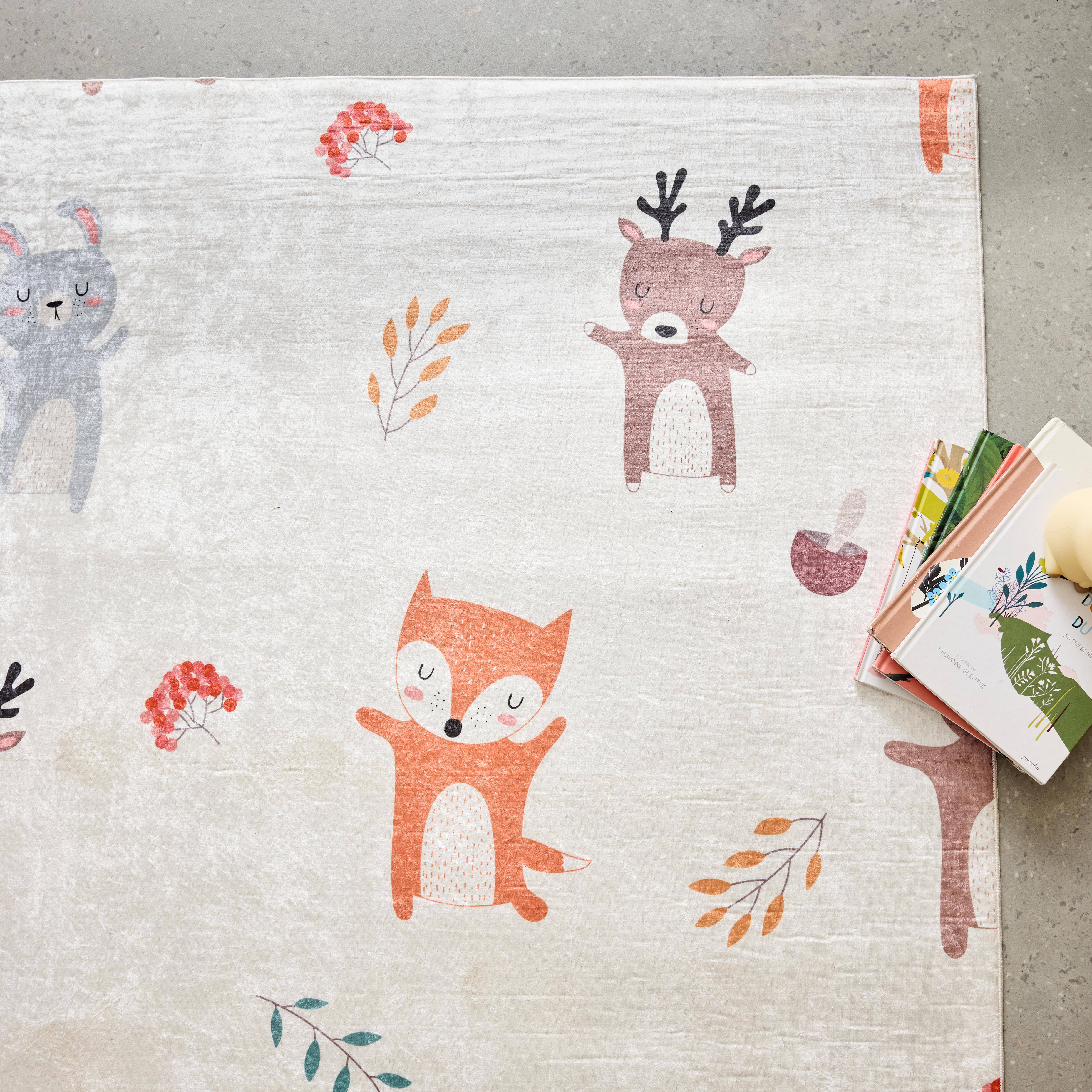 Ravon - Alfombra interior infantil blanca estampada con animales