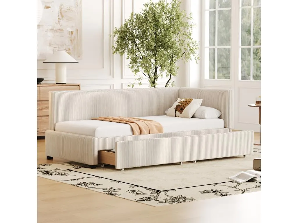 Cama tapizada de 90x200 cm sofá cama con 2 cajones y cabecero mullido tela de terciopelo beige (sin colchón) pjqm65235