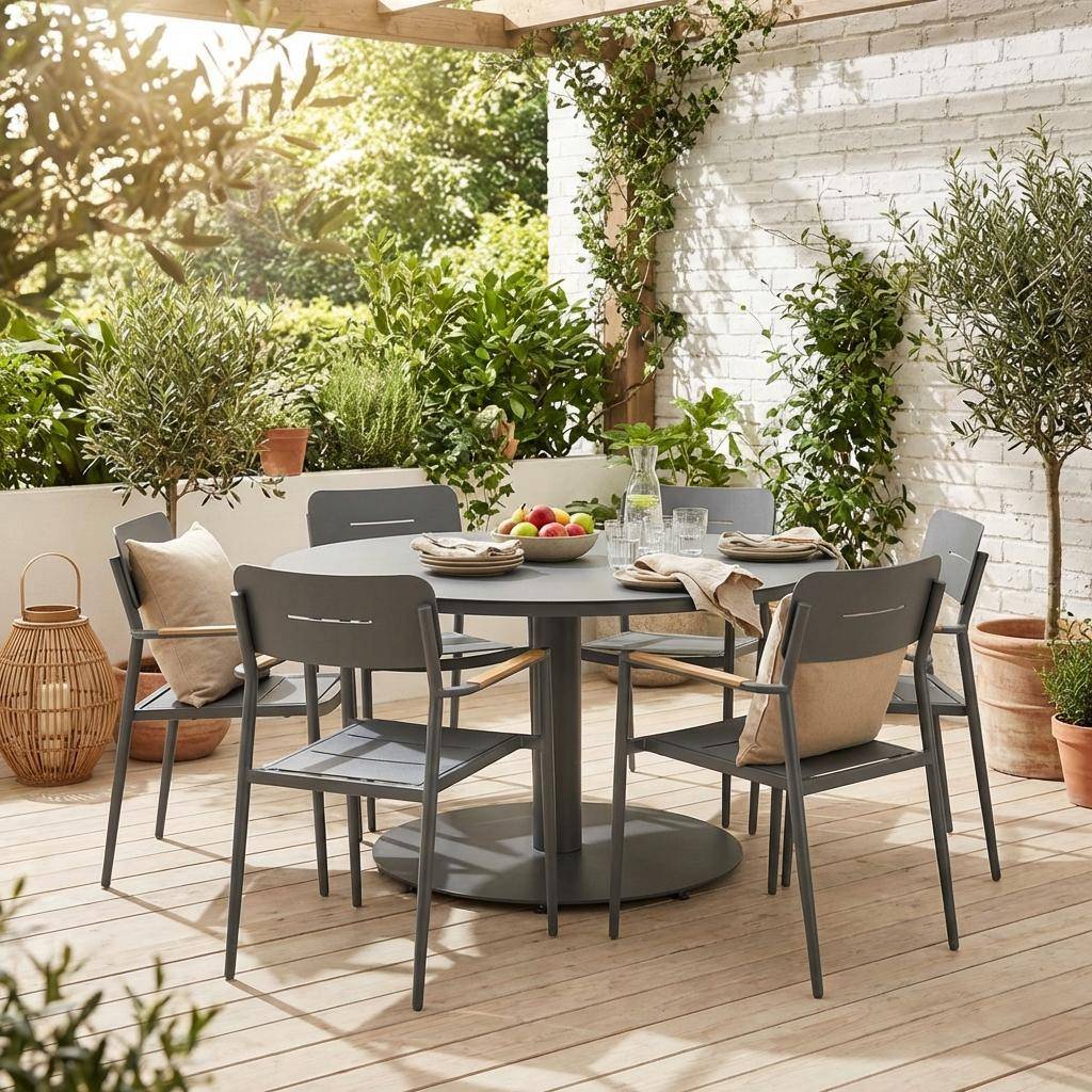 Oreva + Fira - Mesa de jardín redonda de aluminio con 6 sillas