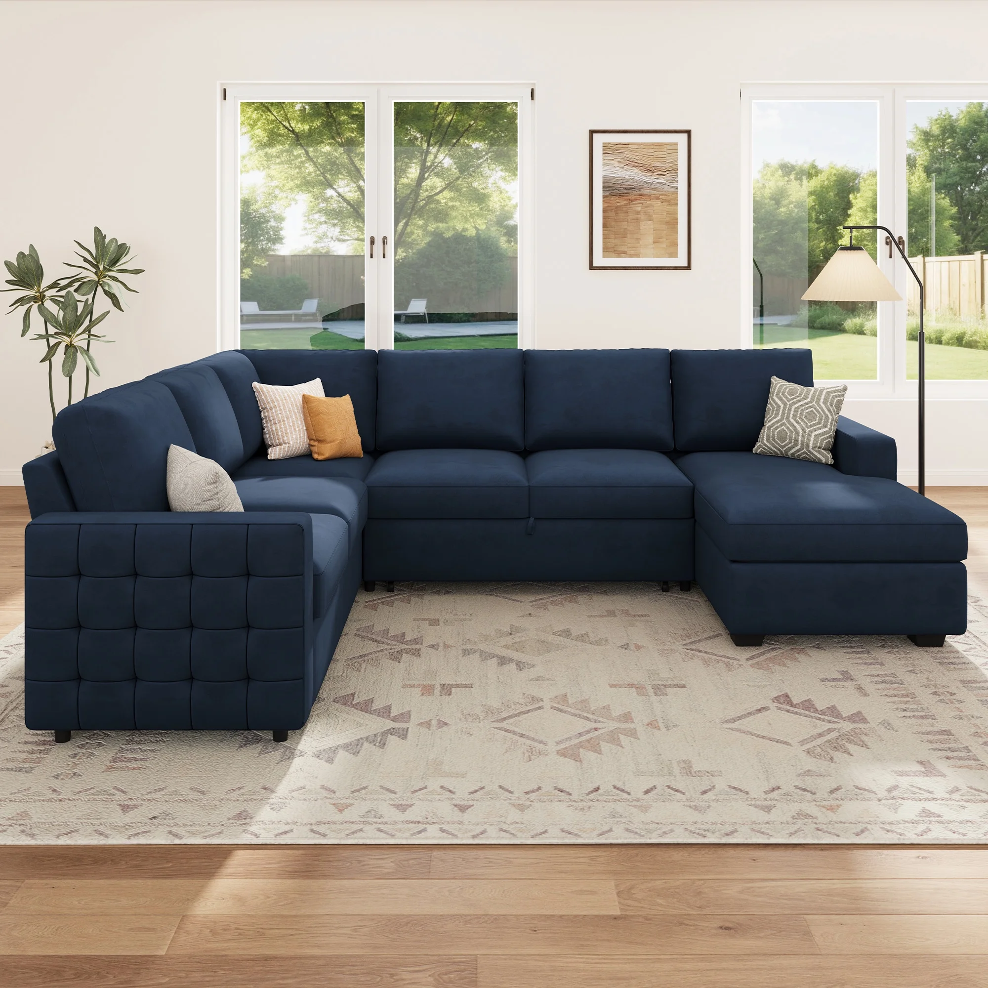 HONBAY Modular Sectional Pull-Out Sofa Bed with Storage Velvet U-Shaped Convertible Sleeper Sofa for Living Room, Blue - Image 4