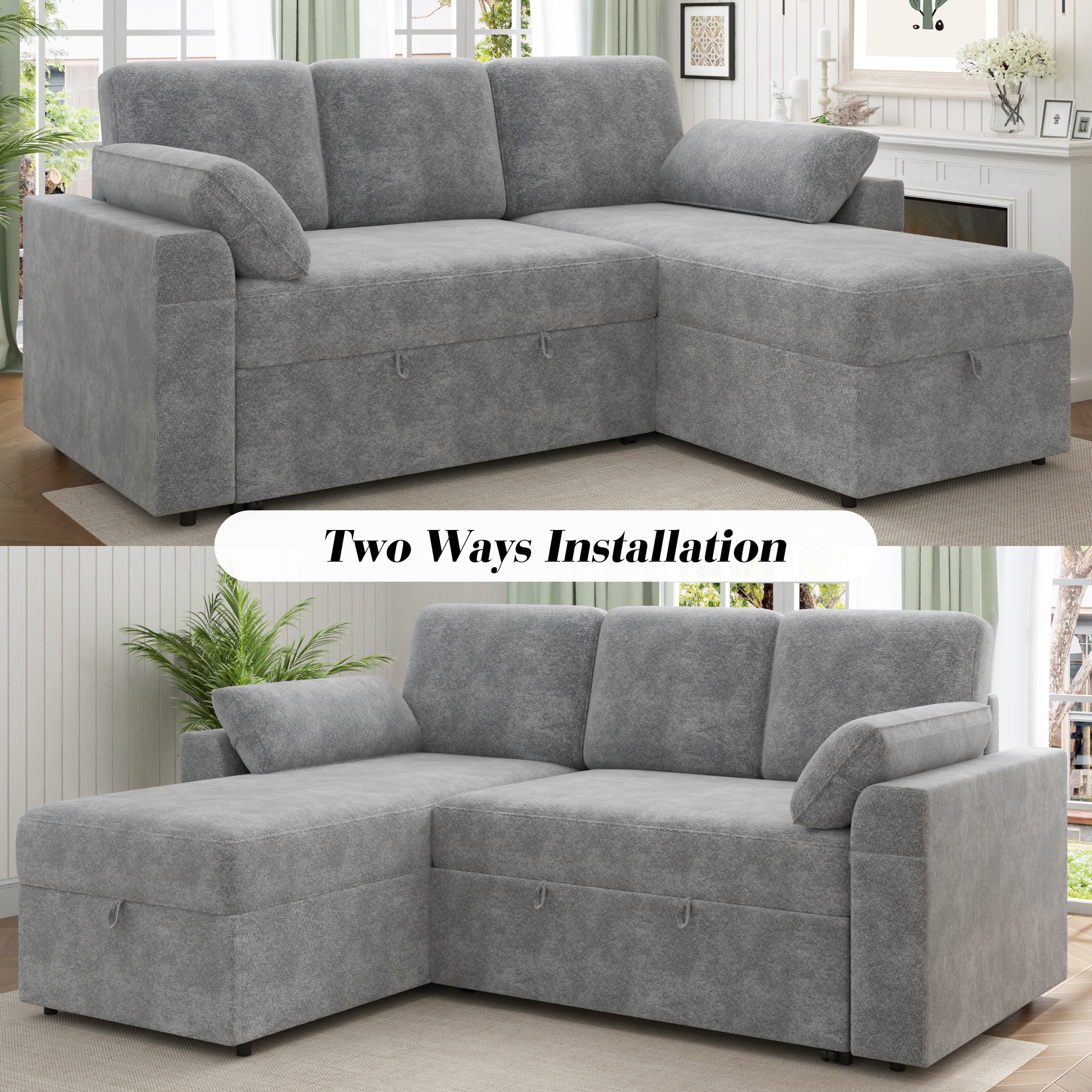 VANACC Sofa Bed, Adult Sleeper Sofa with Storage Chaise, Pull Out Couch for Bed Room, Gray Chenille - Image 6