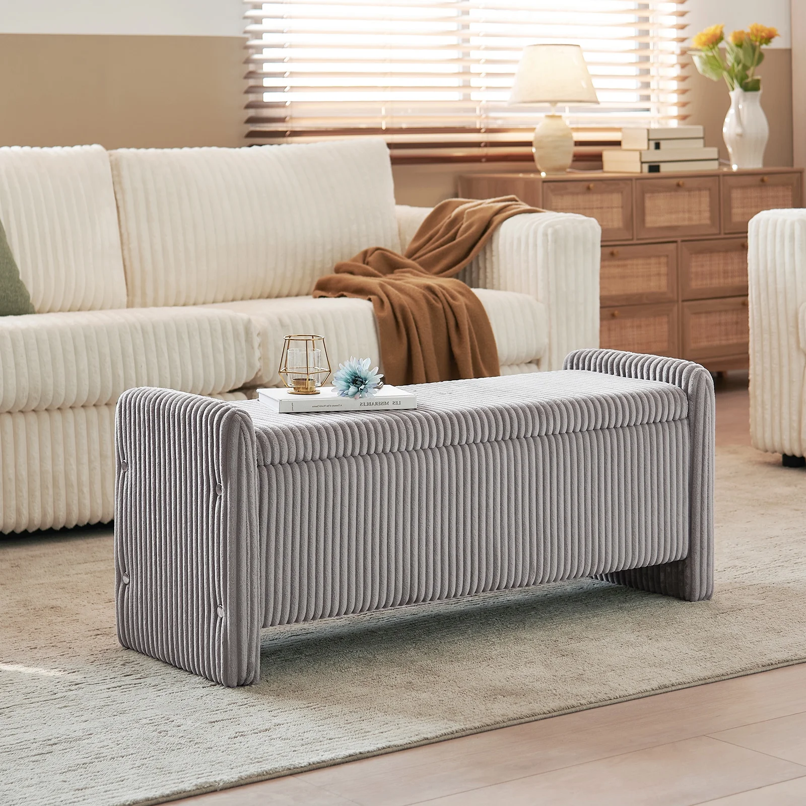 Pinmoco 44" Storage Ottoman Bench, Upholstered Entryway Bench with Storage End of Bed Bench for Bedroom& Living Room, Corduroy Gray - Image 8