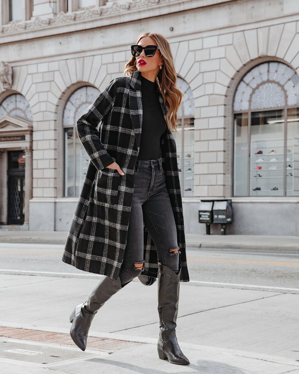 Francesca Plaid Pocketed Coat - Black - Se7enfashion
