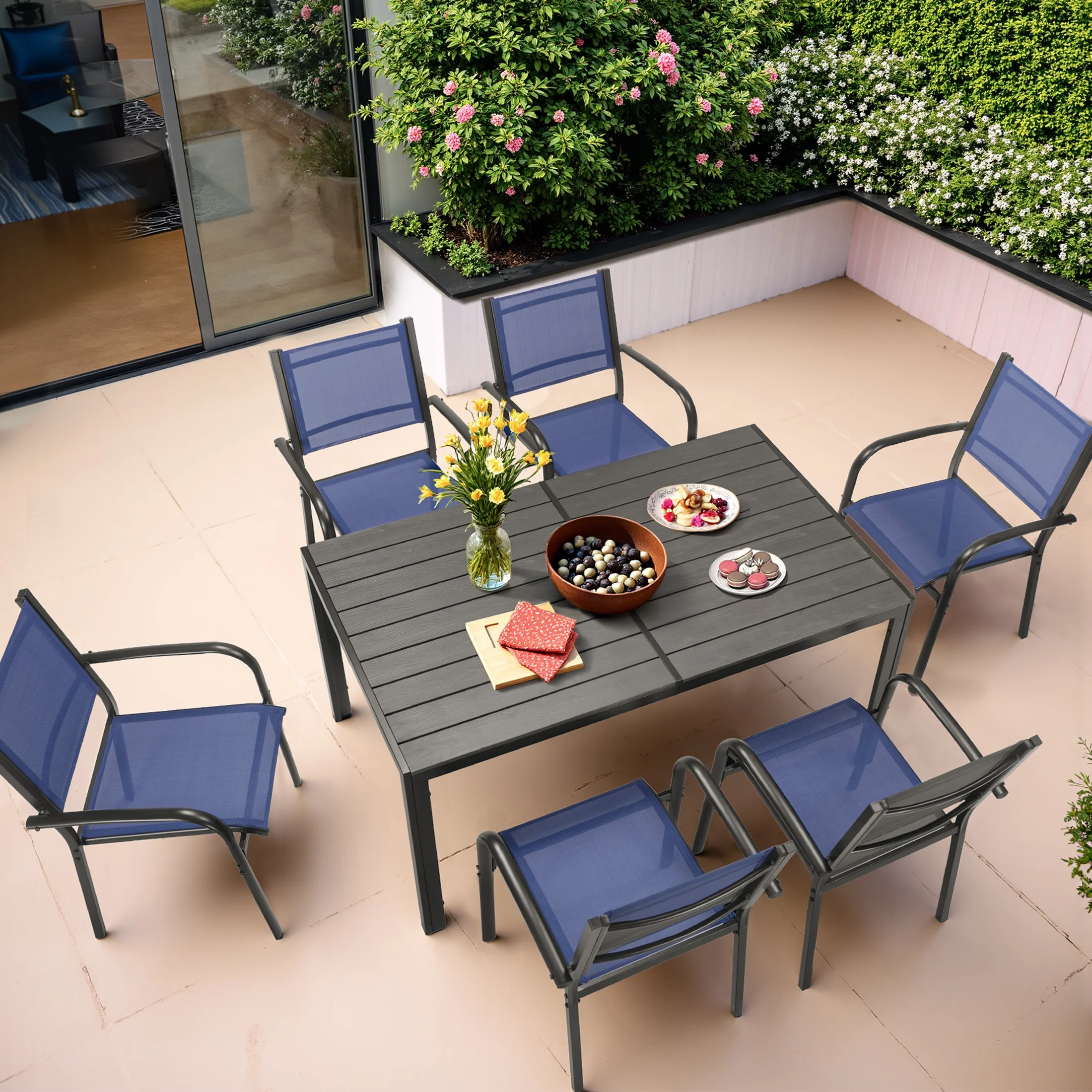 7 Piece Outdoor Dining Set, Patio Dining Table Set for 6 Persons, Garden Patio Textilene Dining Furniture Set with Plastic-Wood Tabletop, Dining Table Chairs Conversation Set for Deck Patio - Image 20