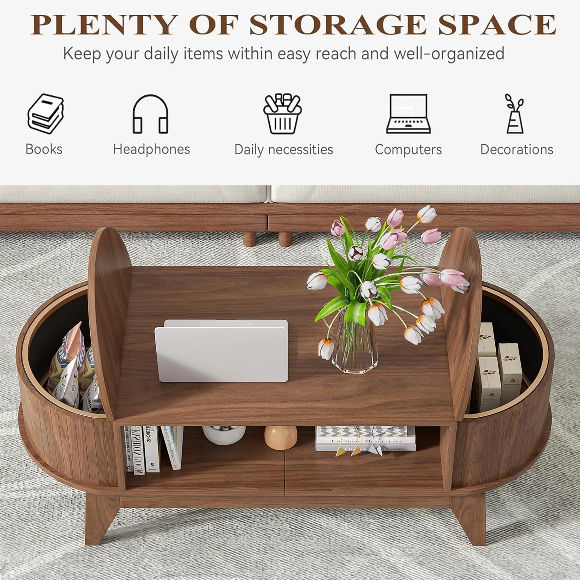 Fluted Coffee Table with Storage, Modern Coffee Tables, Wood Accent Center Table - Image 19