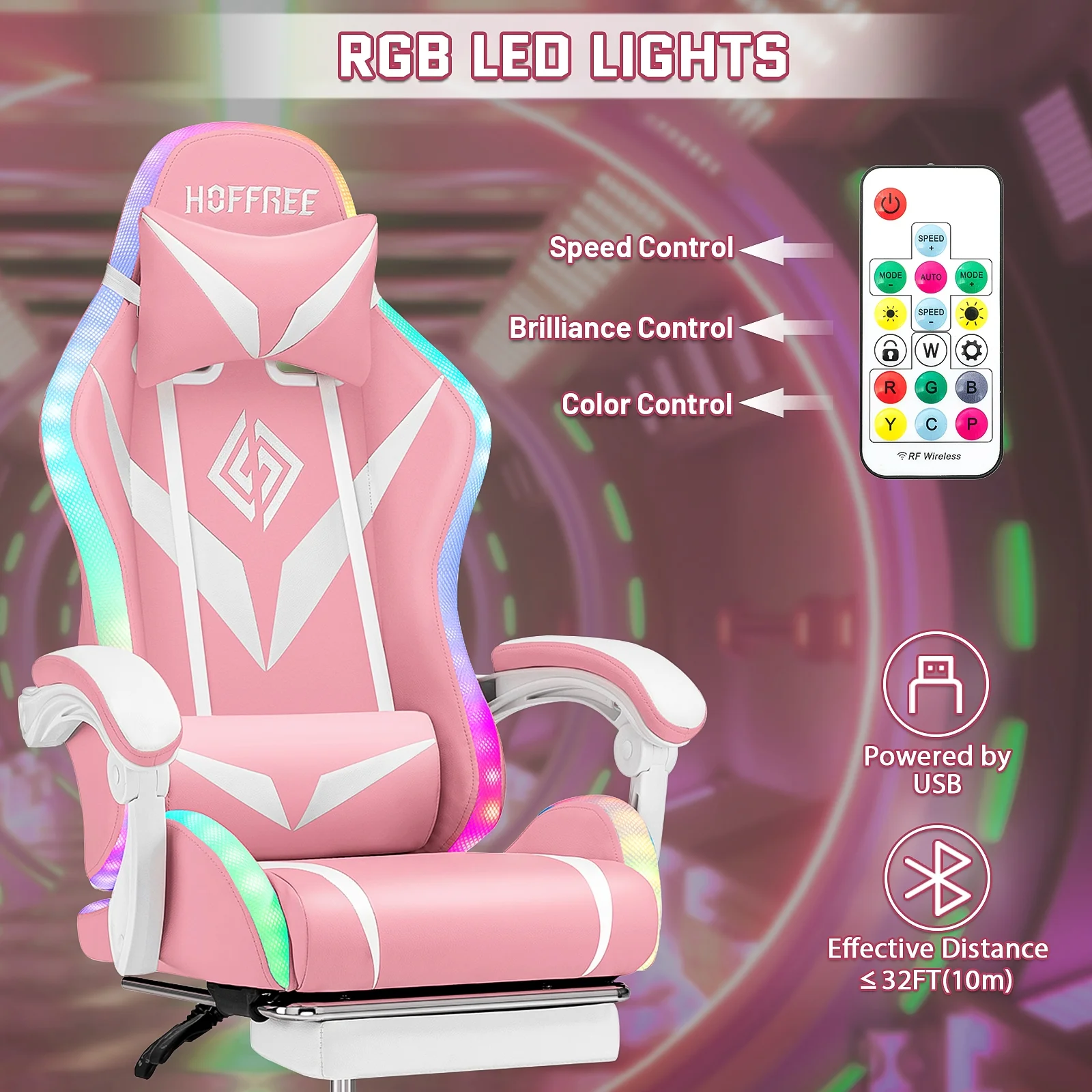 Hoffree Gaming Chair with Speakers PU Leather Office Chair with Footrest and LED Lights Ergonomic Gamer Chair with Massage Lumbar Support and Headrest Adjustable Swivel for Home Office 300lb - Image 71
