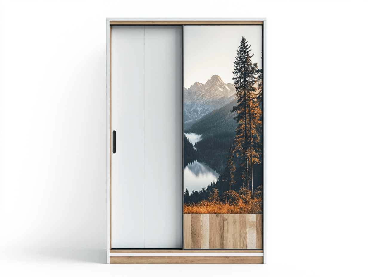 Armario con puertas correderas – 170×60×200 cm – blanco y roble – con panel decorativo de paisaje – estilo moderno