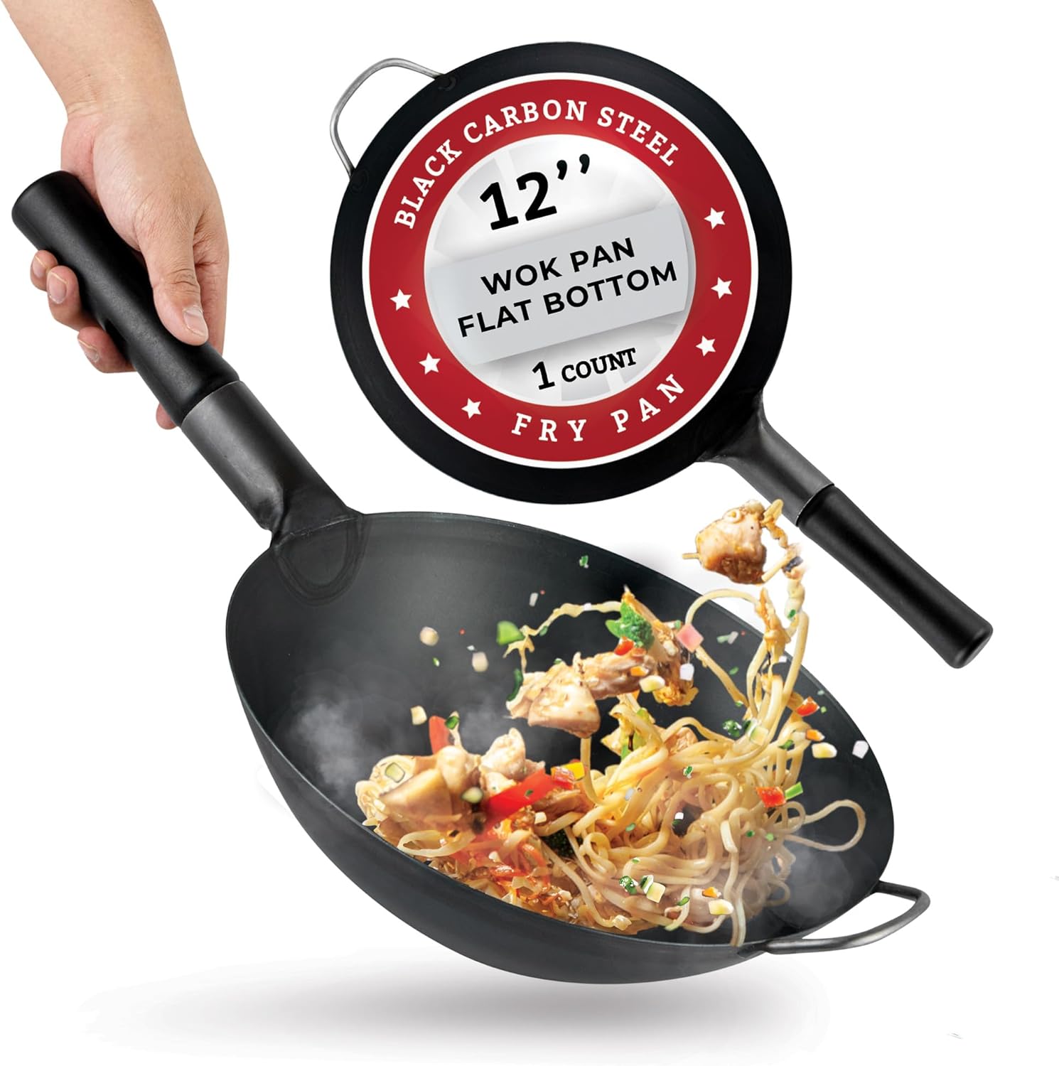 Restaurantware Carbon Steel Wok 1 Pack of 11.6 Inch Heavy-Duty Uniform Heat Distribution Pan Induction Compatible Flat Bottom Wok Welded Handle Black For Gas Stovetops And Grills