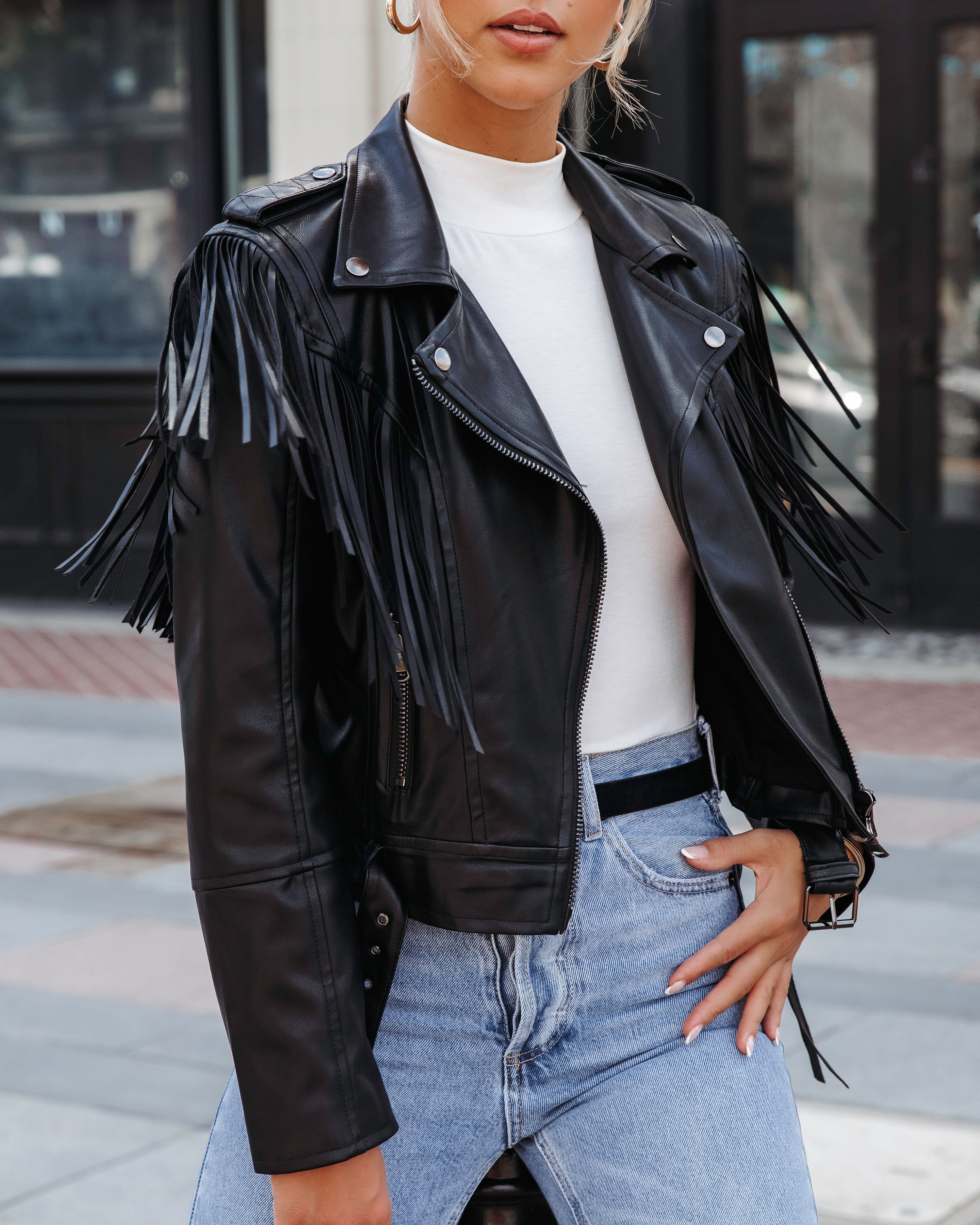 Running Wild Faux Leather Fringe Biker Jacket - Black - Se7enfashion