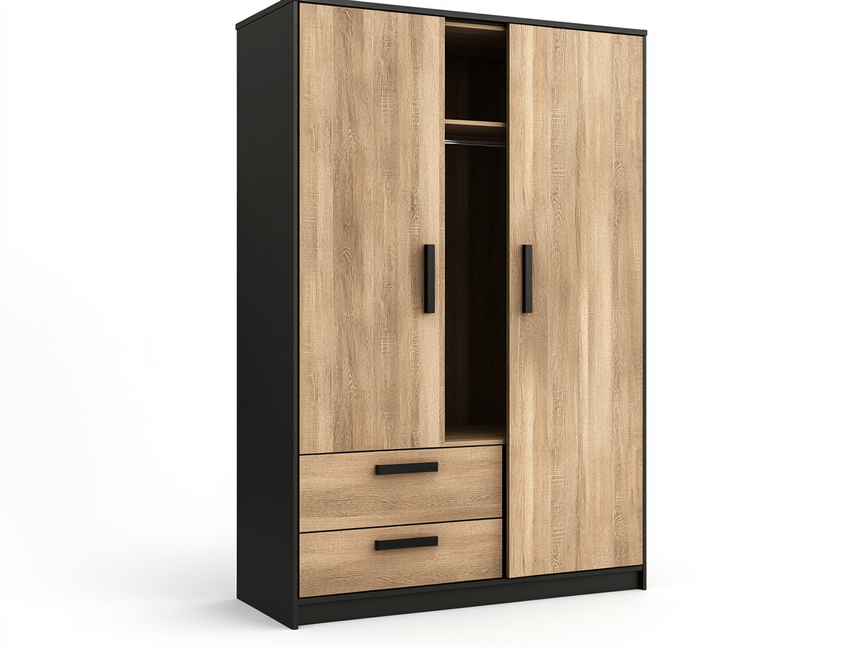 Armario ropero moderno 180×90 cm – madera roble y negro – con cajones y barra de colgar