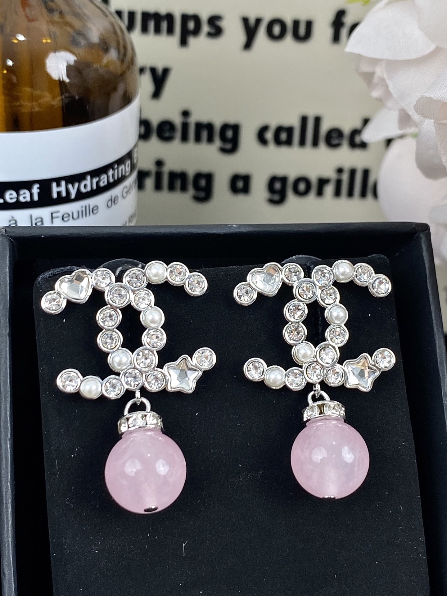 Chanel Pink Crystal Pearl Dangle Rhinestone CC Earrings - Original Replica Club