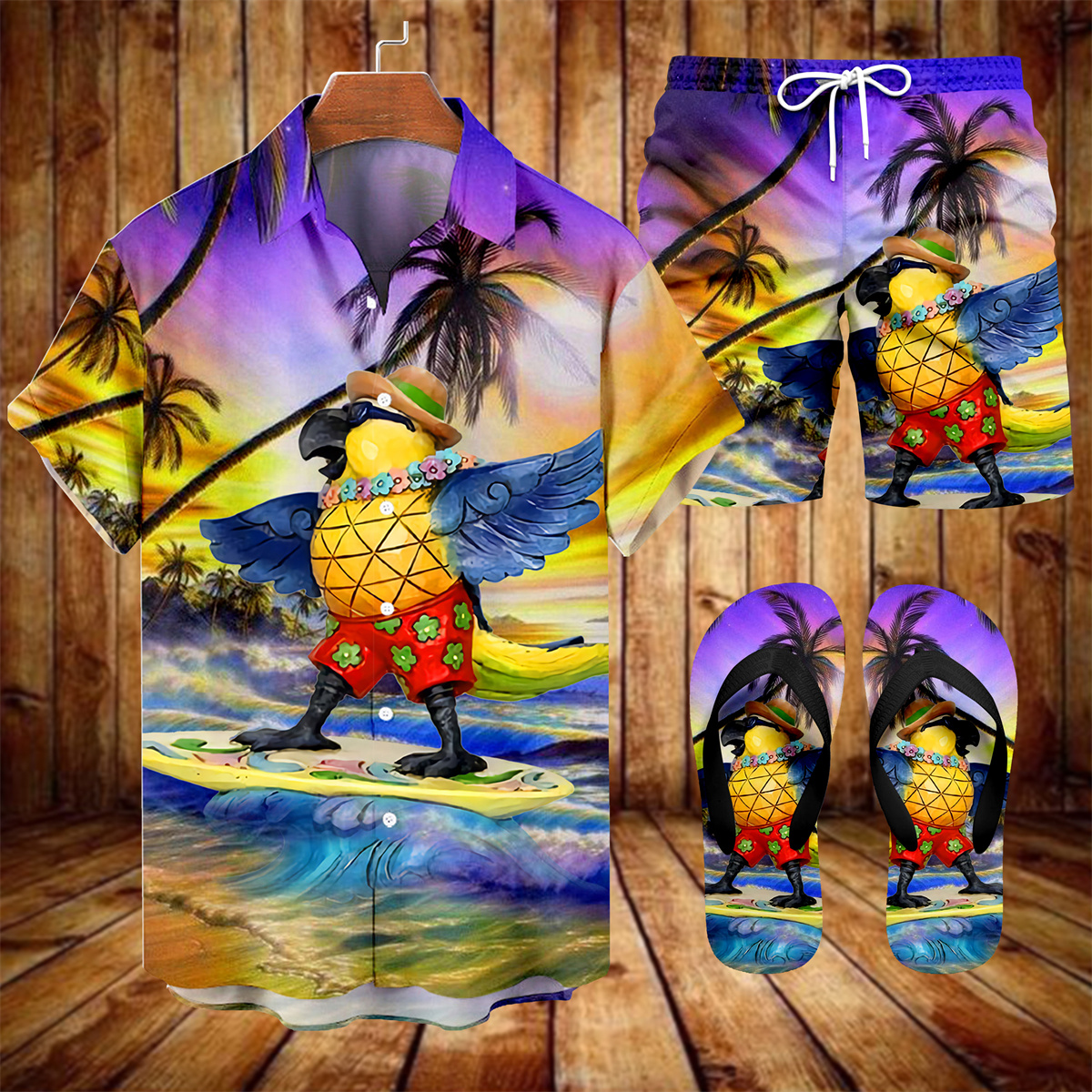 Suitmens Men's Men's Tiki Style Hawaiian Vacation Print Three-Piece Set 033
