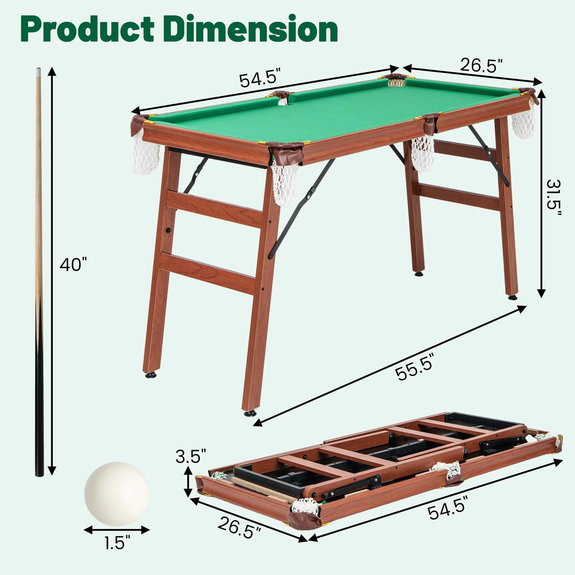 Costway Folding Pool Table Set with Foldable Legs Adjustable Foot Levelers 2 Cues 2 Chalks - Image 3