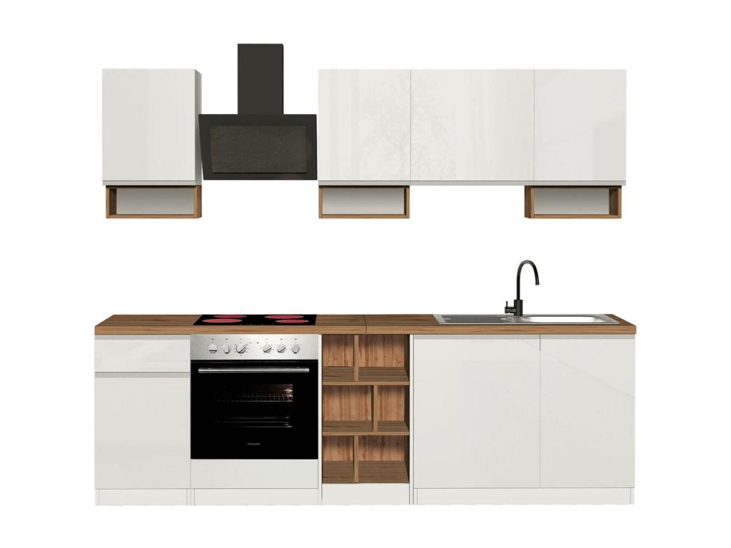 Cocina completa Dcelient, Set con despensa, Mueble cocina, Kit bloque lineal, 100% Made in Italy, 255x60h85 cm, Blanco brillo y roble