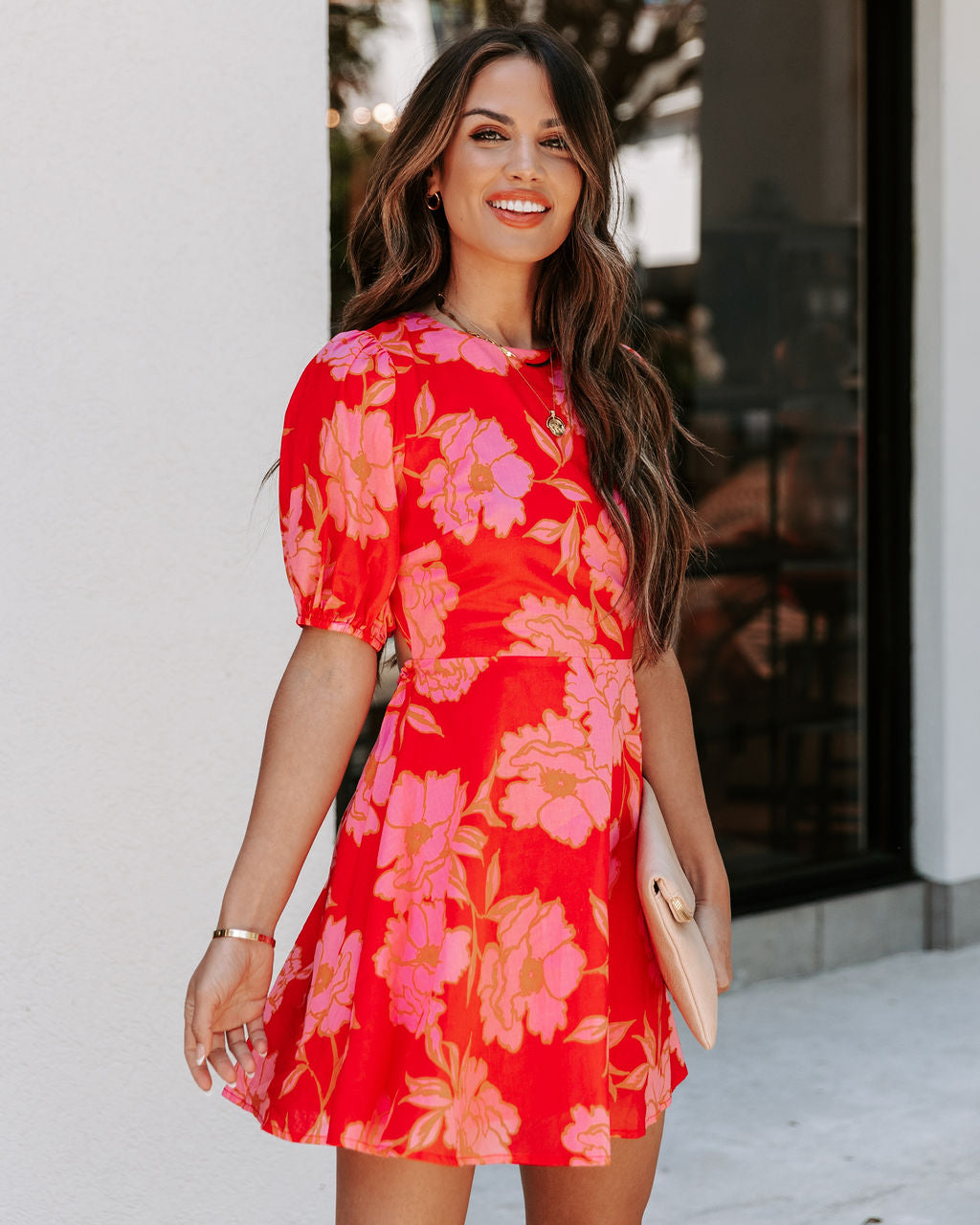 Bunny Cotton Floral Puff Sleeve Mini Dress - Red Pink - SALE - Se7enfashion